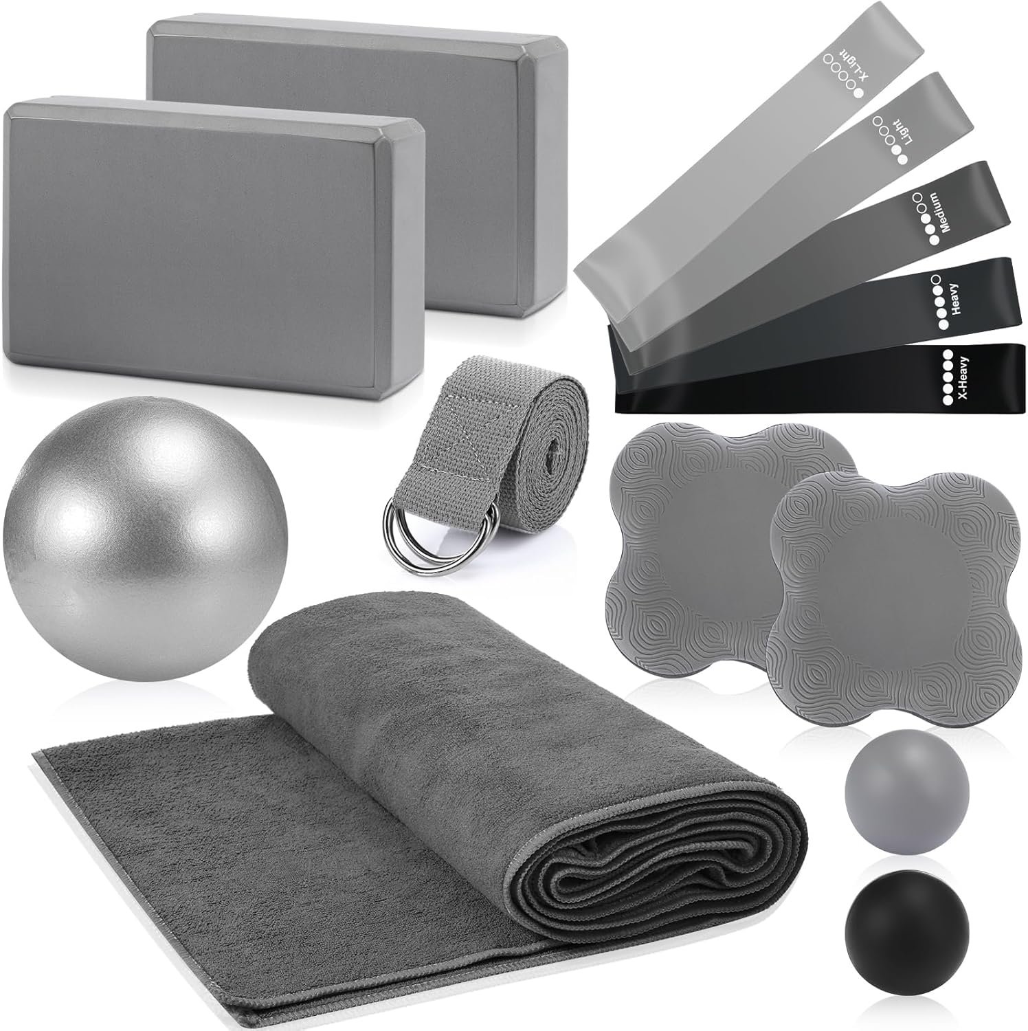 Simgoing 14 Pcs Yoga Kits for Home Workouts Pilates Equipment Set for Women Beginners, Hot Yoga Towel Blocks Strap, Knee Pad, Resistance Loop Exercise Band, Massage Lacrosse Ball, Pilates Ball