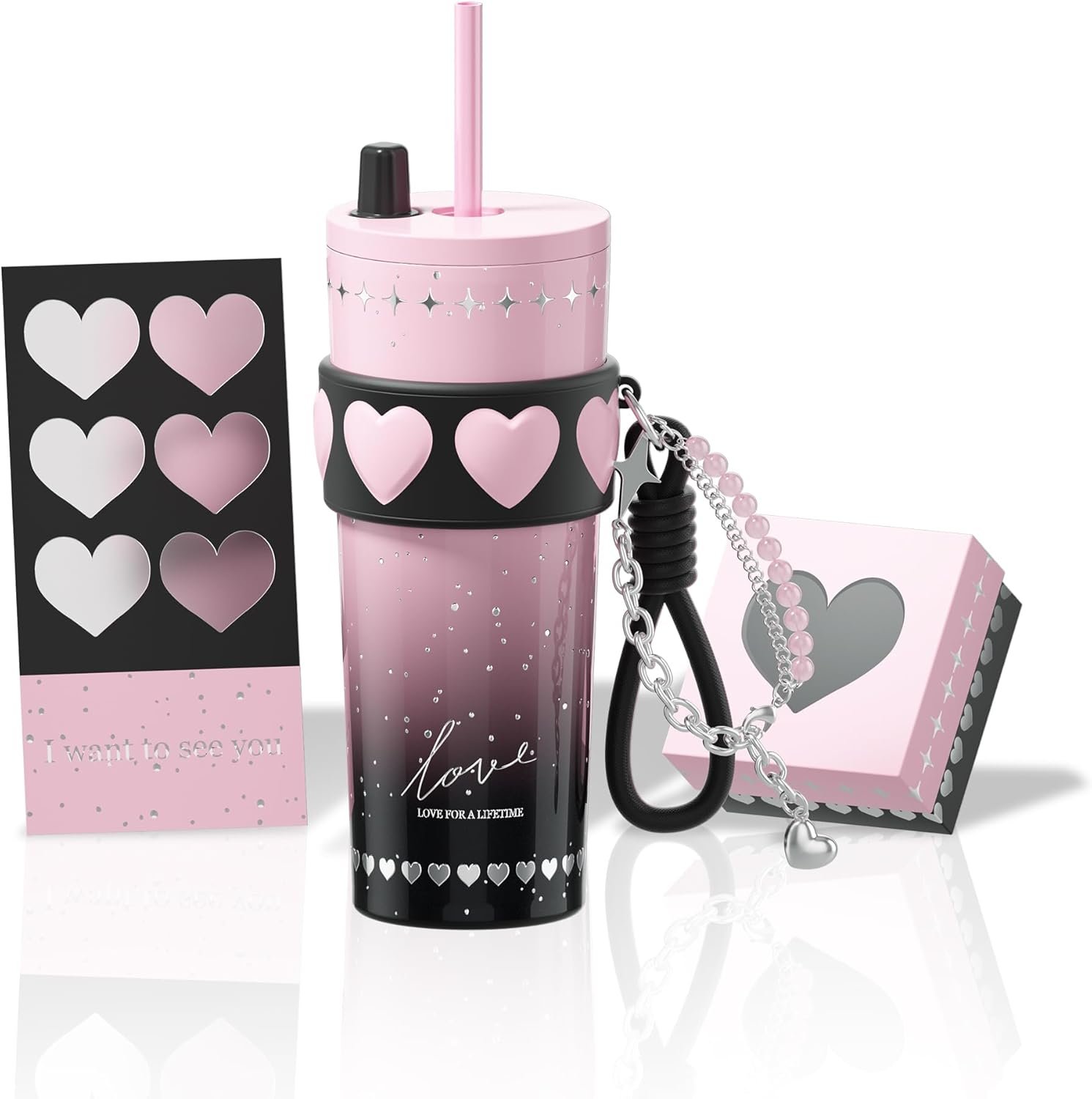 24 oz Stainless Steel Tumbler with Lid and Straw, Insulated Coffee Mug, Leak Proof, Portable Iced Travel Water Bottle, Reusable Thermal Coffee Cup Gift for Women, Pink