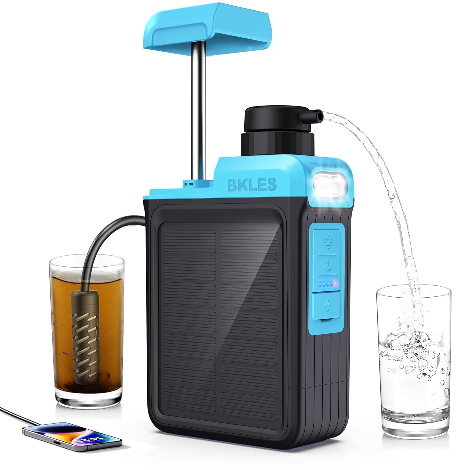 BKLES 3-in-1 Solar Electric Water Filter with Hand Pump – Camping Water Filtration System Survival, Portable Water Purifier with Emergency Light, Survival Kit for Backpacking, Birthday Gifts for Men