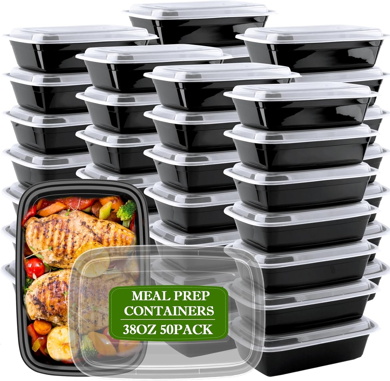 RANLITTLE Meal Prep Containers Reusable 38oz – Food Prep Containers with Lids 50 Pack, Disposable To Go Food Containers, Leakproof, Stackable, Takeout, BPA-Free, Microwave/Freezer Safe