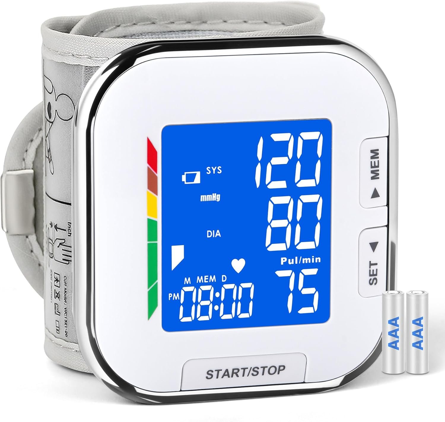 Blood Pressure Monitor Adjustable Wrist Cuff LCD Backlit Display BP Machine for Home Use Stores Up to 60 Readings Batteries Included with Carrying Case