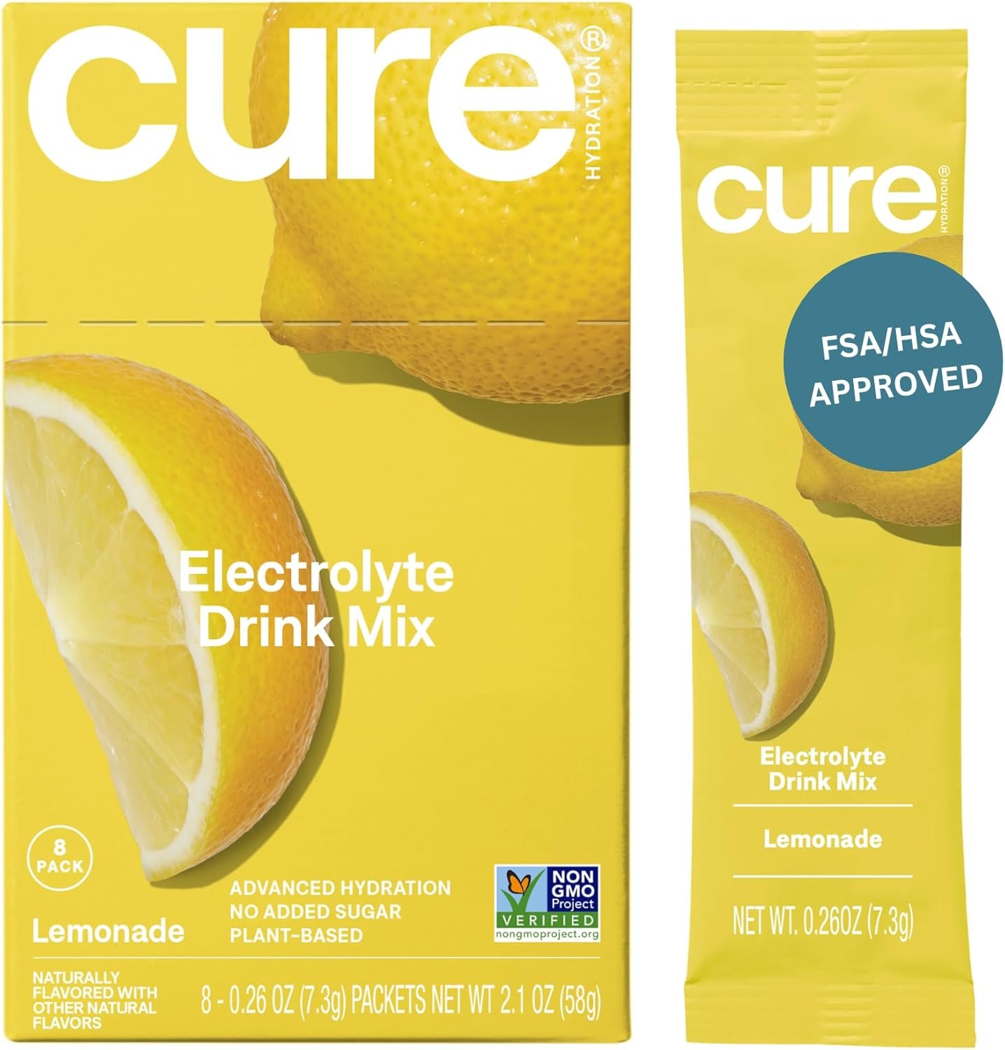 Cure Hydration | Plant-Based Electrolyte Drink Mix | No Added Sugar | FSA-HSA | Dehydration Relief Powder Made with Coconut Water | Non-GMO | Vegan | Box of 8 Packets – Lemonade