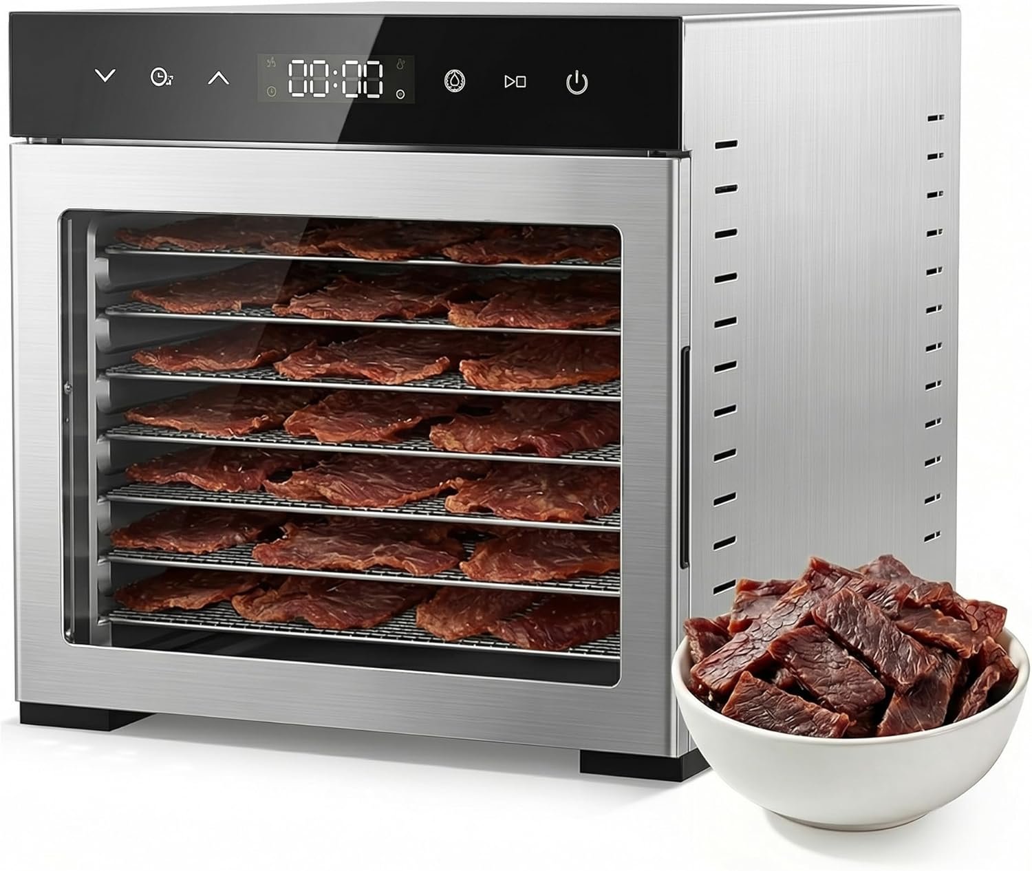 OLIXIS Food Dehydrator Machine, 500W Jerky Dehydrators with 8 Stainless Steel Large Trays, 185°F Temperature Control & 24H Timer Food Dryer for Fruit Meat Herb Dog Treats, Silver