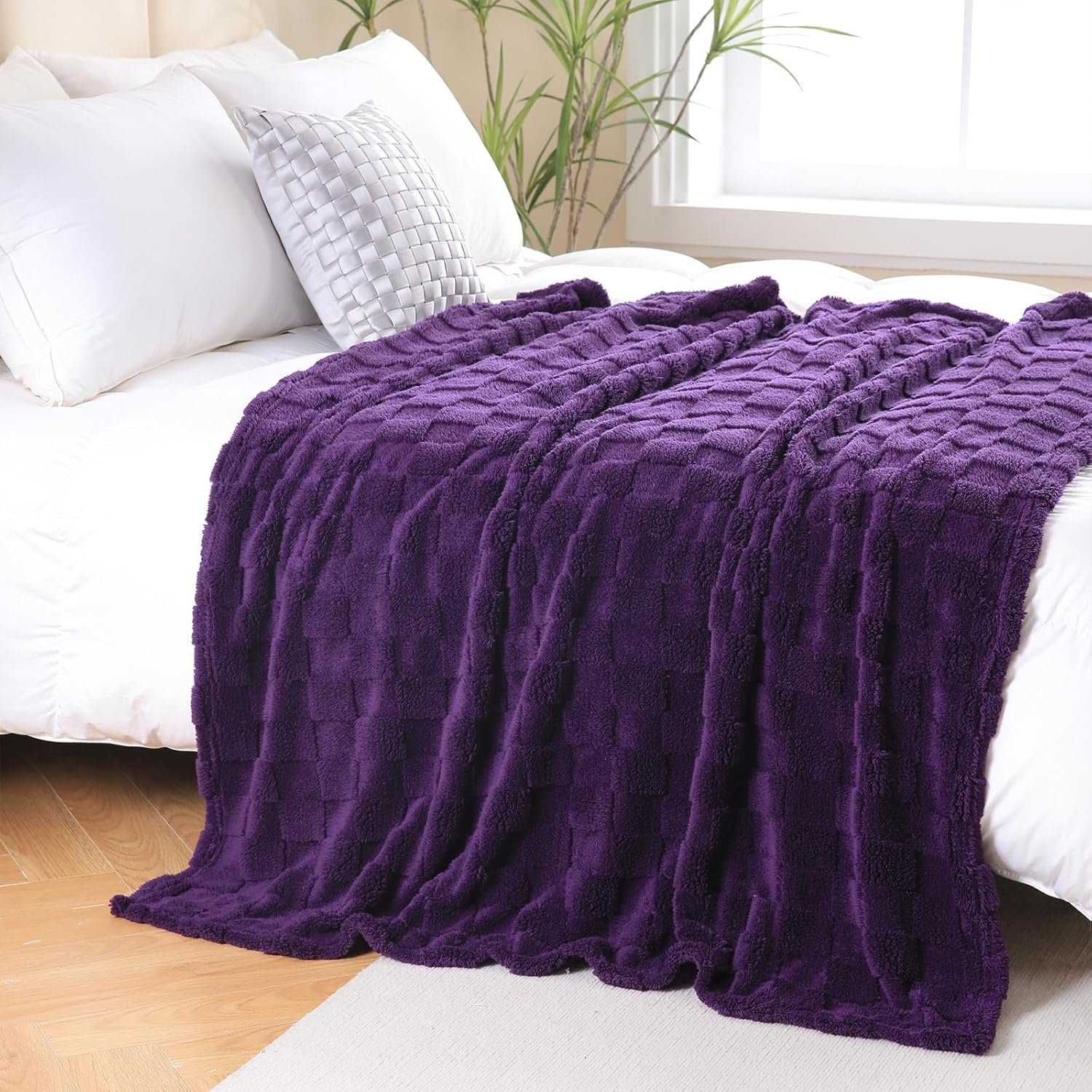 Deep Purple Fleece Throw Blanket 60”×80” for Couch Sofa Bed,Super Soft Cozy Plush Microfiber Flannel Blanket with 3D Checkered Design Lightweight for Adults,Woman,Girls