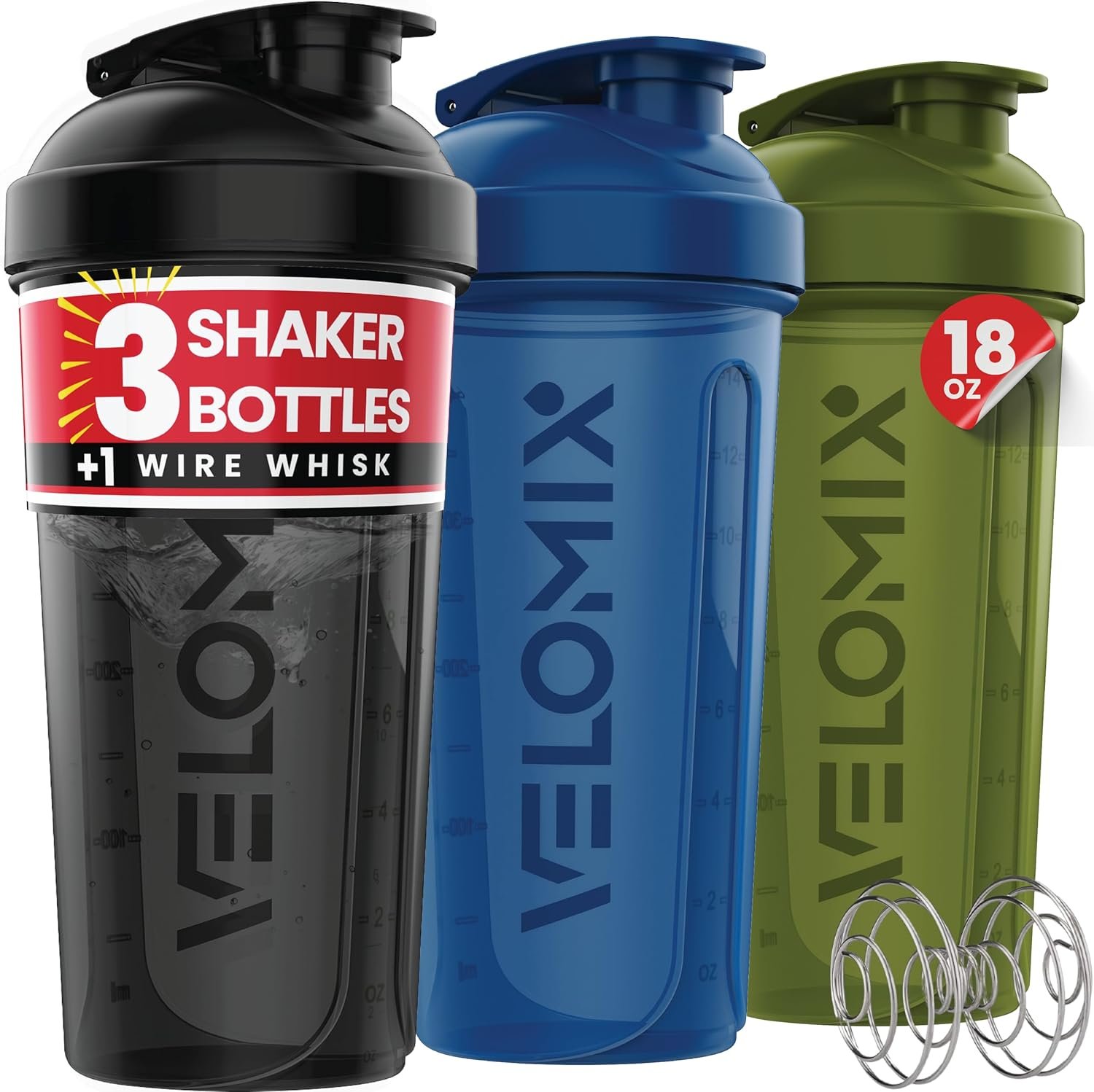 VELOMIX -3 PACK- 14 oz Protein Shaker Bottle for Protein Mixes – 1x Wire Whisk | Leak Proof Shaker Cups for Protein Shakes | Stackable Protein Shaker Bottle Pack | Dishwasher Safe