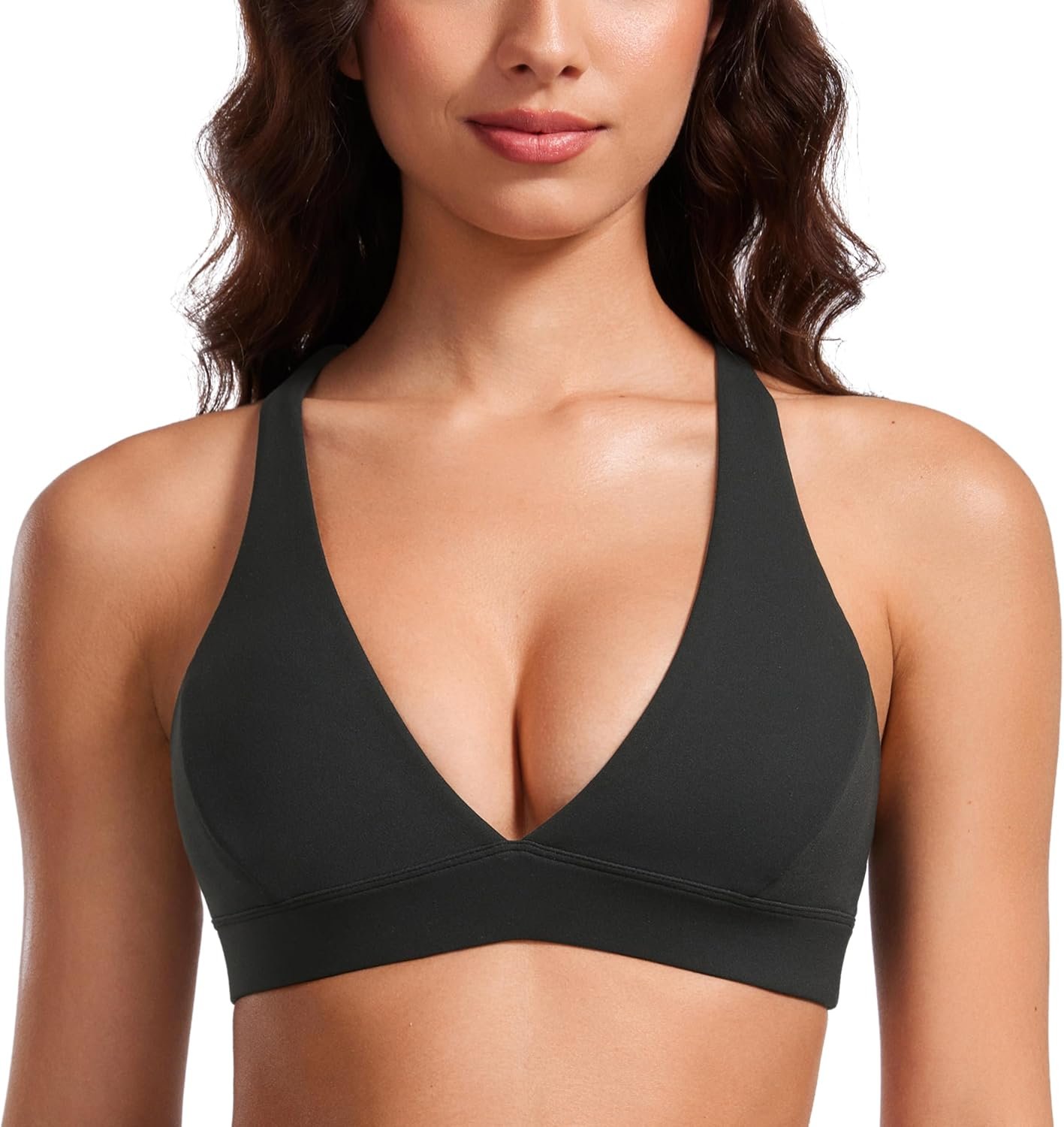 CRZ YOGA Butterluxe Deep V-Neck Sports Bras for Women – Spaghetti Strap Criss Cross Padded Top Low Coverage Wireless Yoga