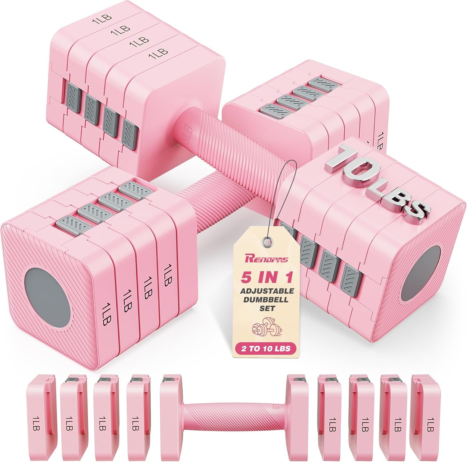 Rendpas Adjustable Dumbbell Set of 2, 1-Sec Quick-Adjust Dual-Lock Design Hand Weights for Women & Men, Compact No-Roll 10LBS/20LBS Dumbbell Set for Women, Home Gym Strength Training & Pilates(10/20LBS Total)