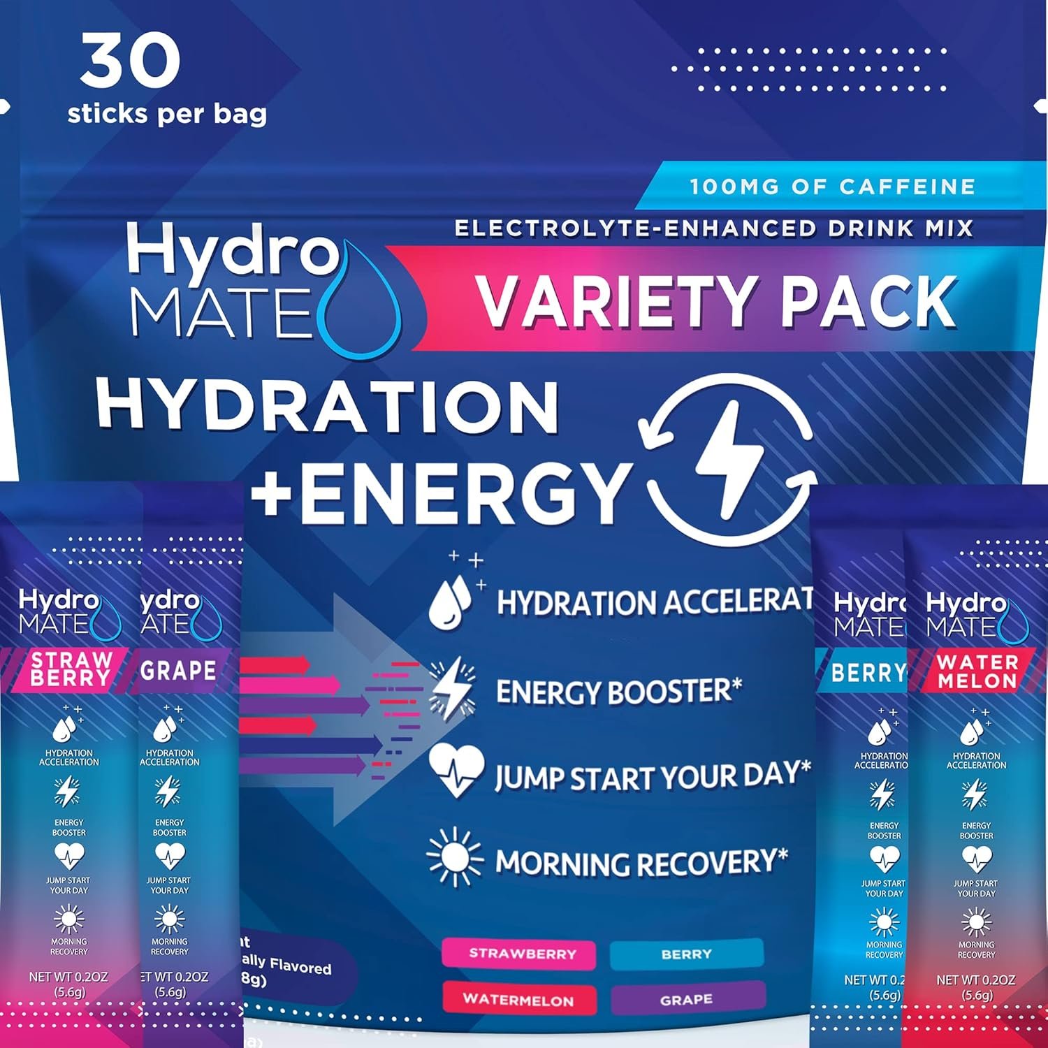 HydroMATE Electrolytes Powder Drink Mix Packets Hydration Accelerator Low Sugar Party Favors for Rapid Recovery Vitamin C Plus Caffeine Variety Pack – 30 Count