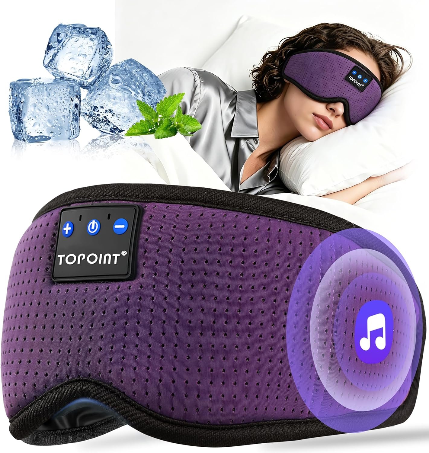 TOPOINT Sleep Mask with Bluetooth Headphones, Breathable Silk Eye Mask for Sleeping Men Women, Bluetooth Sleep Mask Blackout with Speakers, Microphone Handsfree, USB C for Travel Meditation Gifts