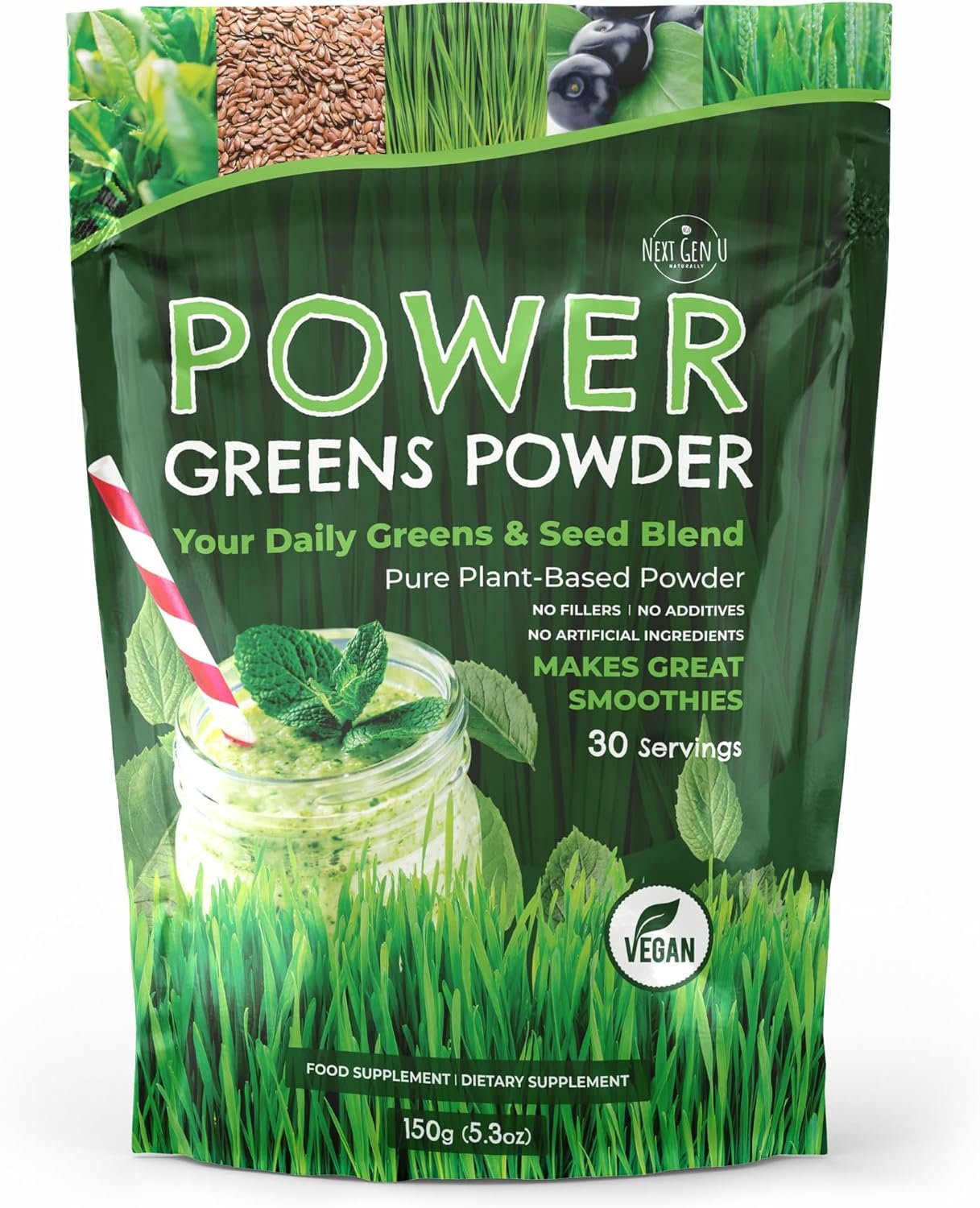 Super Greens Powder – 150g – Immune Support – Food Supplement – Superfood Greens – Smoothie Mix for Shakes – Detox & Healthy Boost for Juice Beverages or Any Drink – by NextGenU