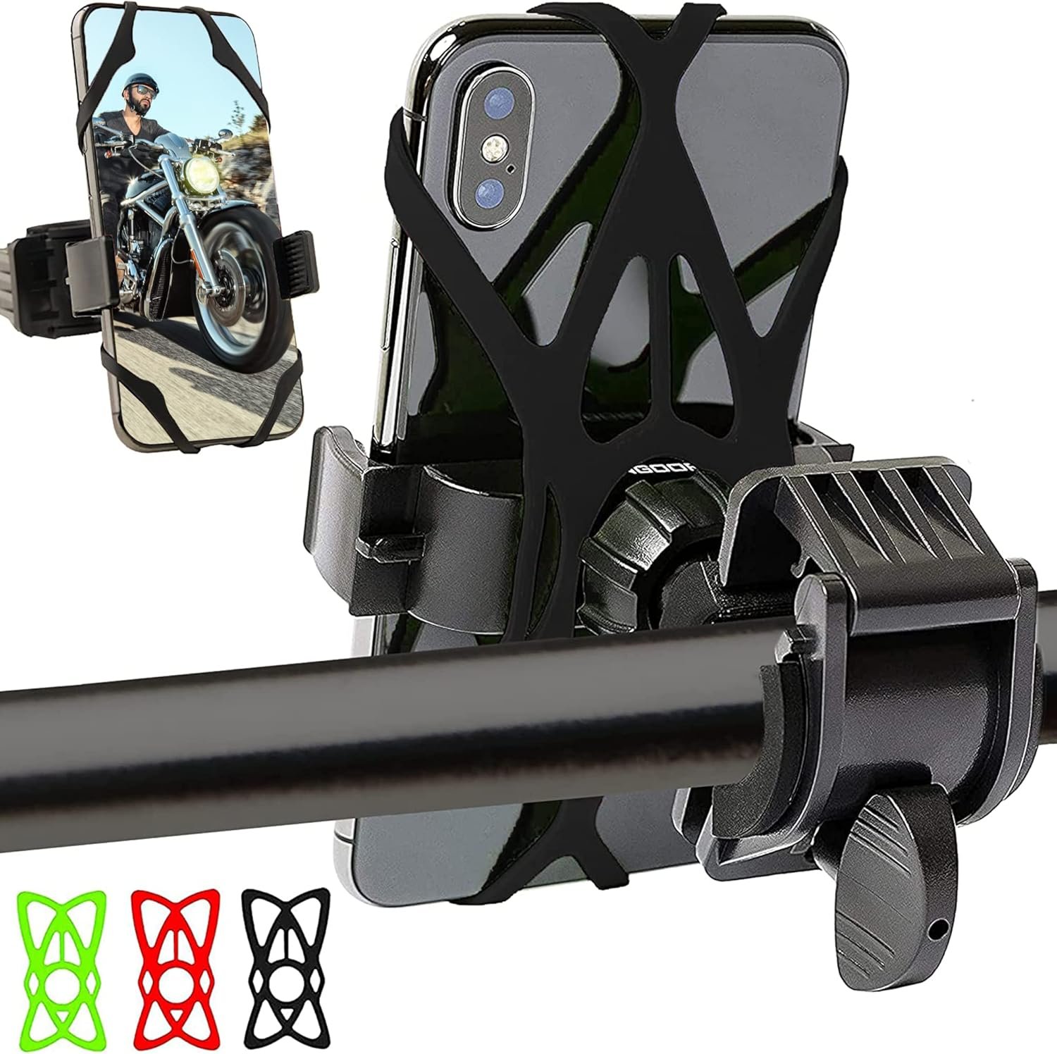 Bike & Motorcycle Phone Mount – GPS Cell Phone Holder for Bicycle Handlebar – Easy to Install Bike Accessories Fits iPhone, Galaxy, Android – Stocking Stuffers – 3 Bands (Black, Red, Green)