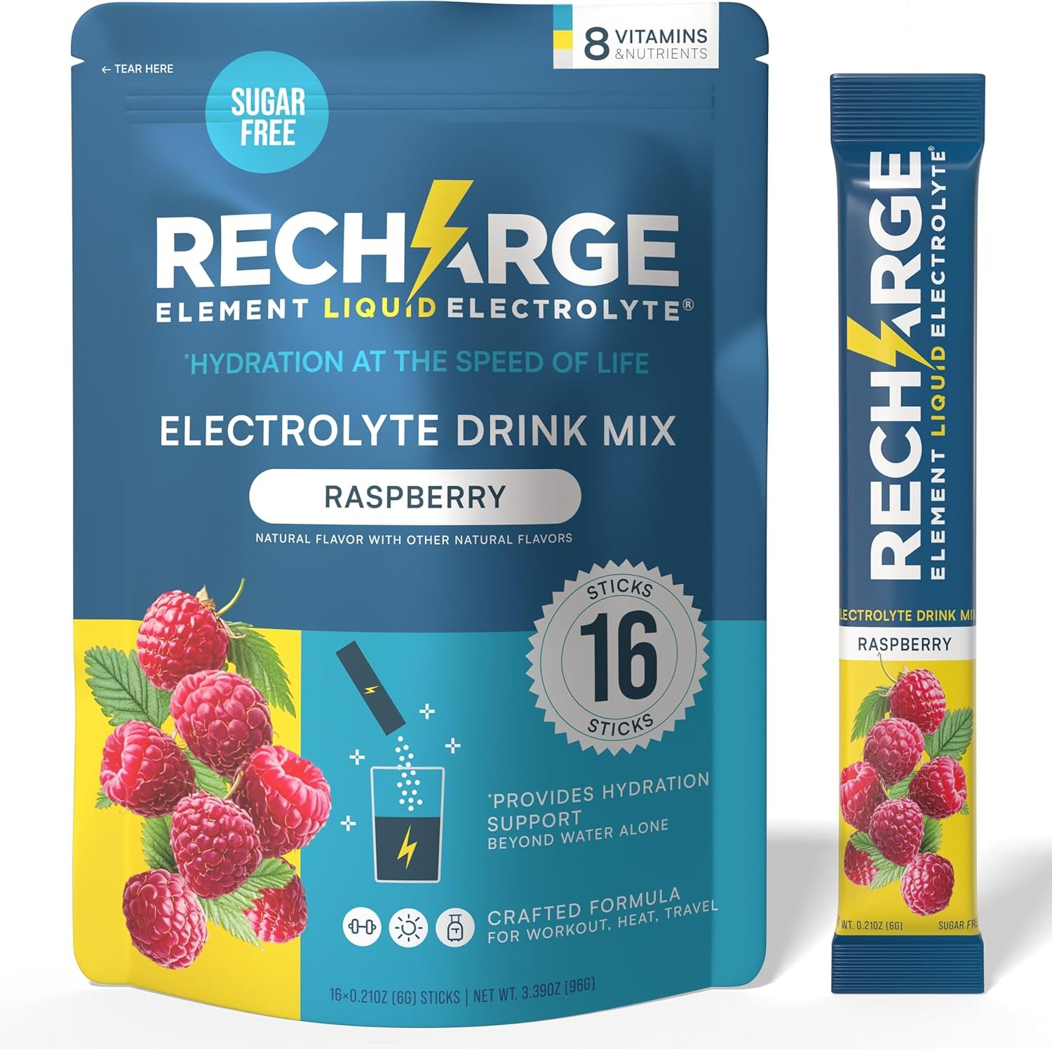 Recharge Element Liquid Electrolyte® Hydration Boost Formula – Raspberry Electrolyte Powder Packets | Sugar Free, Keto Friendly Drink Mix for Rapid Rehydration, Sports Recovery & Travel (16 Servings)