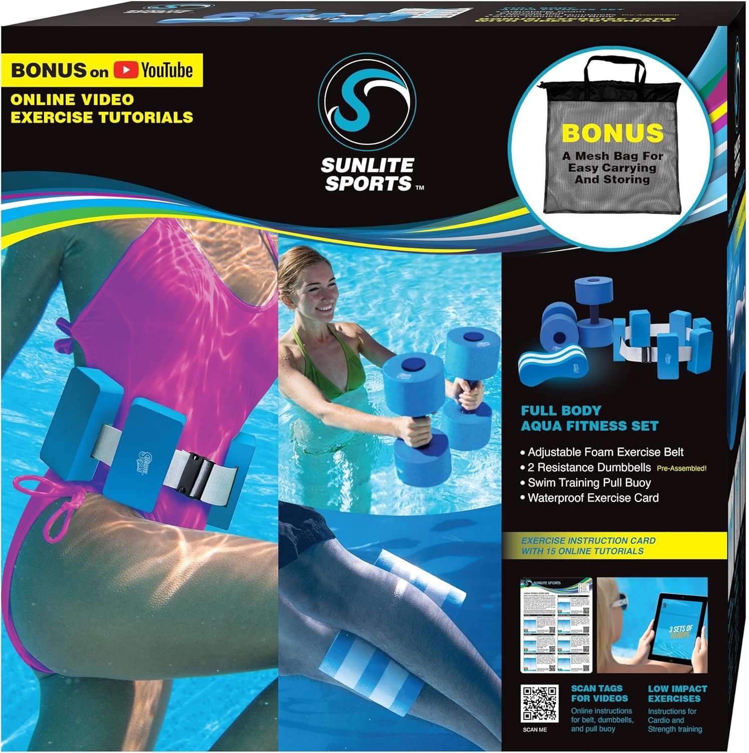 Sunlite Sports Water Workout Combo Set, High Density Water Weights for Pool Exercise, Dumbell, Swim Belt, Aerobics Equipment, Aqua Jogger Belt, Pool Fitness, Aqua Therapy & Exercise