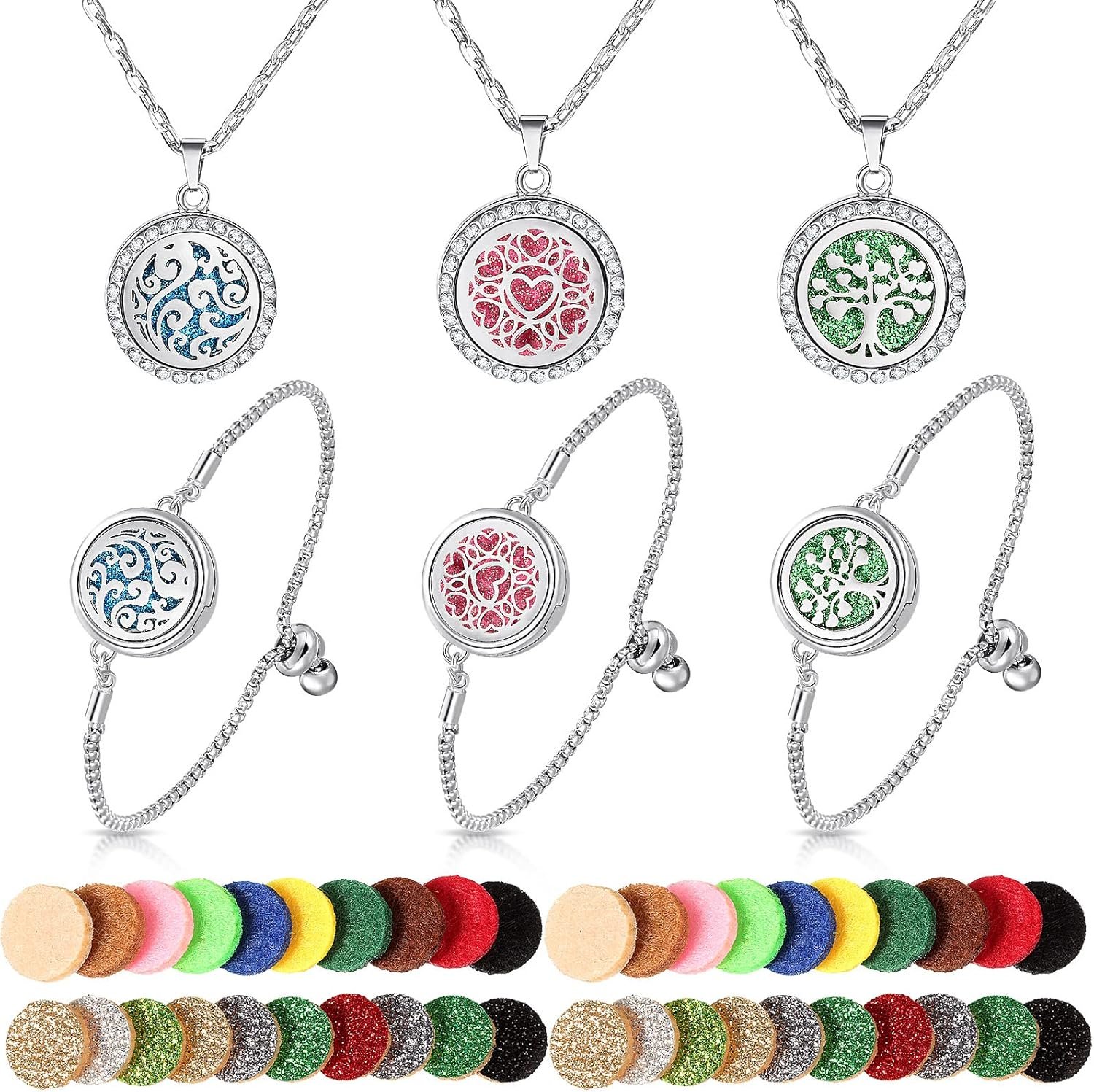 MTLEE 6 Pcs Essential Oil Diffuser Necklace Bracelet Set for Women Stainless Steel Locket Pendant Adjustable Bracelet with 40 Pcs Refill Pads Christmas Holiday Xmas Gift(Cute Style)