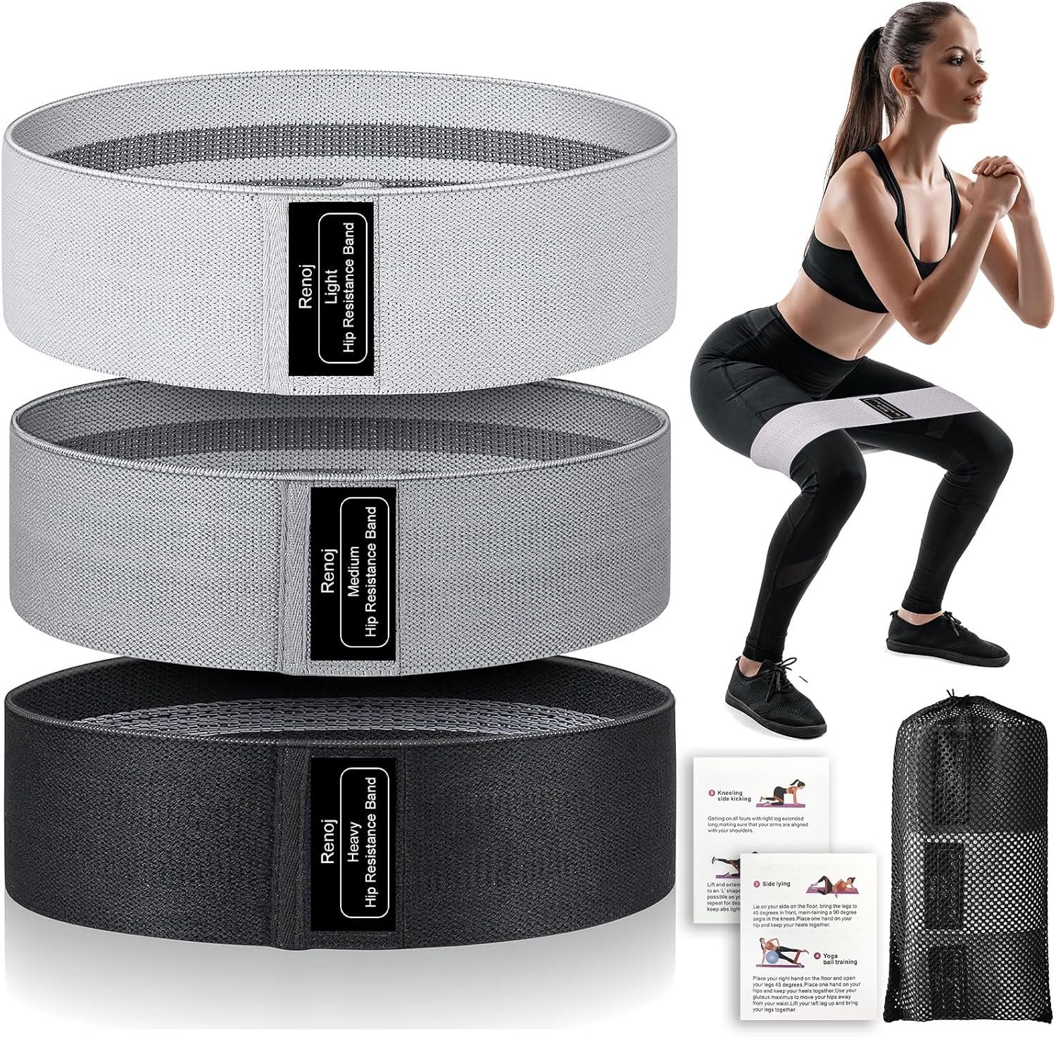 Renoj Resistance Bands for Working Out: 3-Set Professional Exercise Bands for Pilates, Yoga, Home Gym, Booty, Leg Training | Heavy/Medium/Light Fabric Loops for Women Men