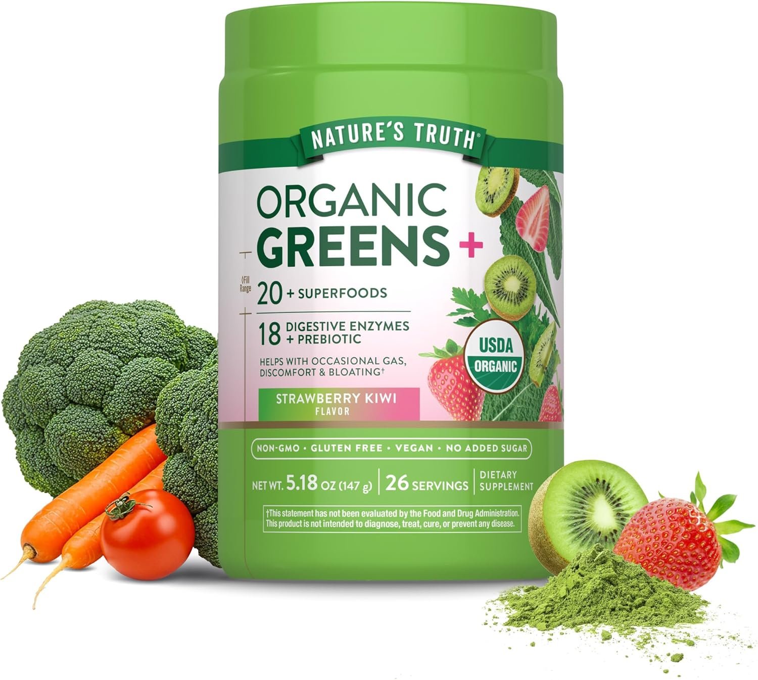Nature’s Truth Organic Greens Powder | 20 Plus Superfoods | 5.18 Oz | Digestive Enzymes & Prebiotic Blend | Strawberry Kiwi Flavor | Vegan, Non-GMO & Gluten Free Supplement