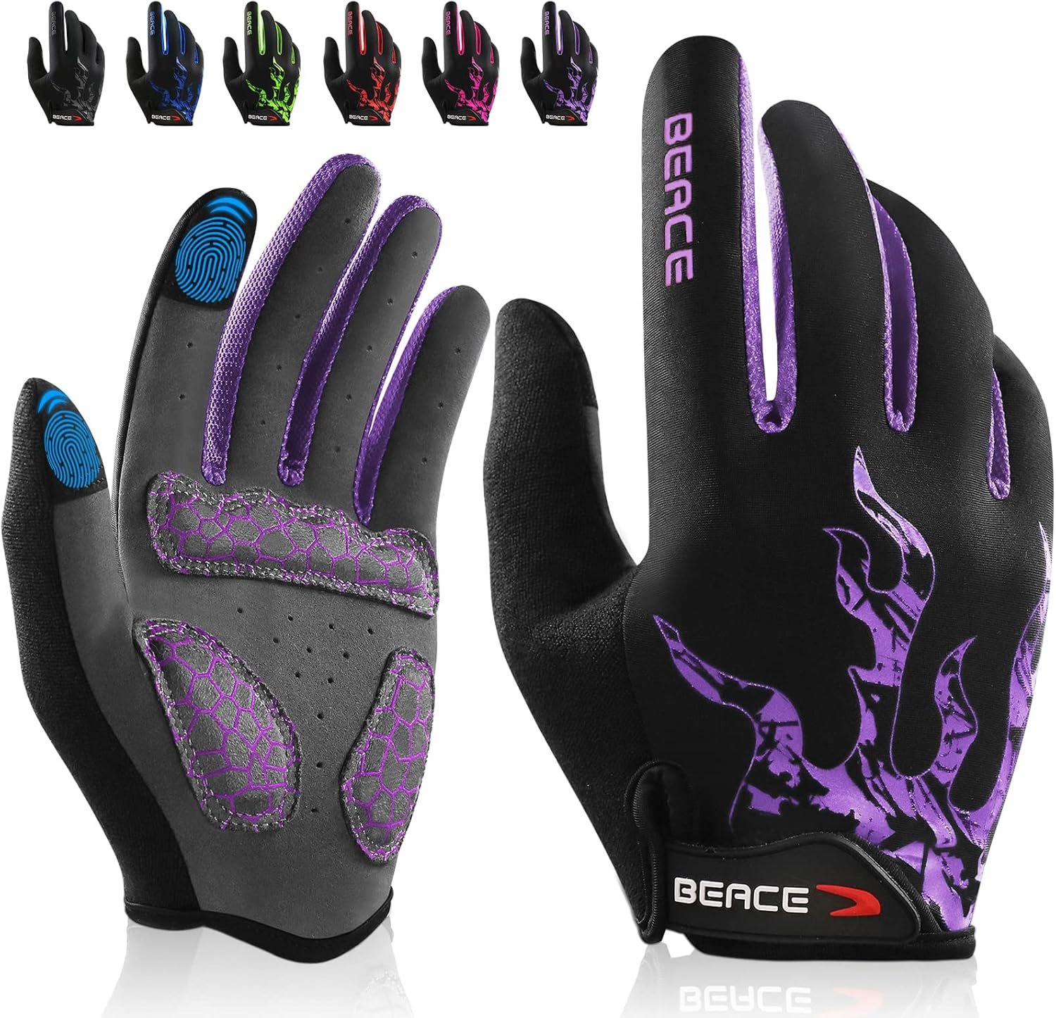 BEACE Cycling Gloves for Men Women – Full Finger Mountain Bike Gloves With Touch Screen and Anti-Slip Silicone Palm – Workout and Road Bicycle Gloves