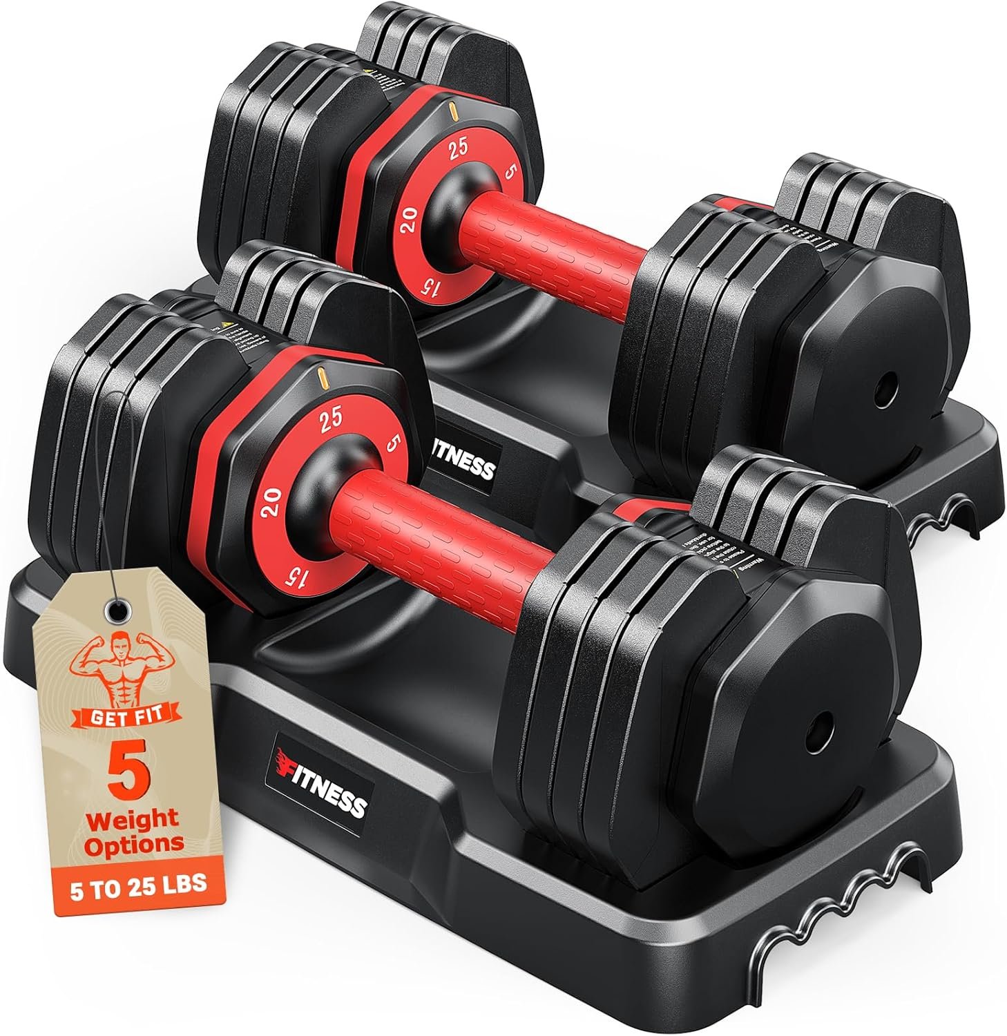 Rendpas Adjustable Dumbbells Set of 2, 5-in-1/10-in-1/16-in/1 Quick-Lock Hand Weights 25/55/80 lbs Pair, Anti-Slip Handle Free Weights Set in Home Gym for Men and Women
