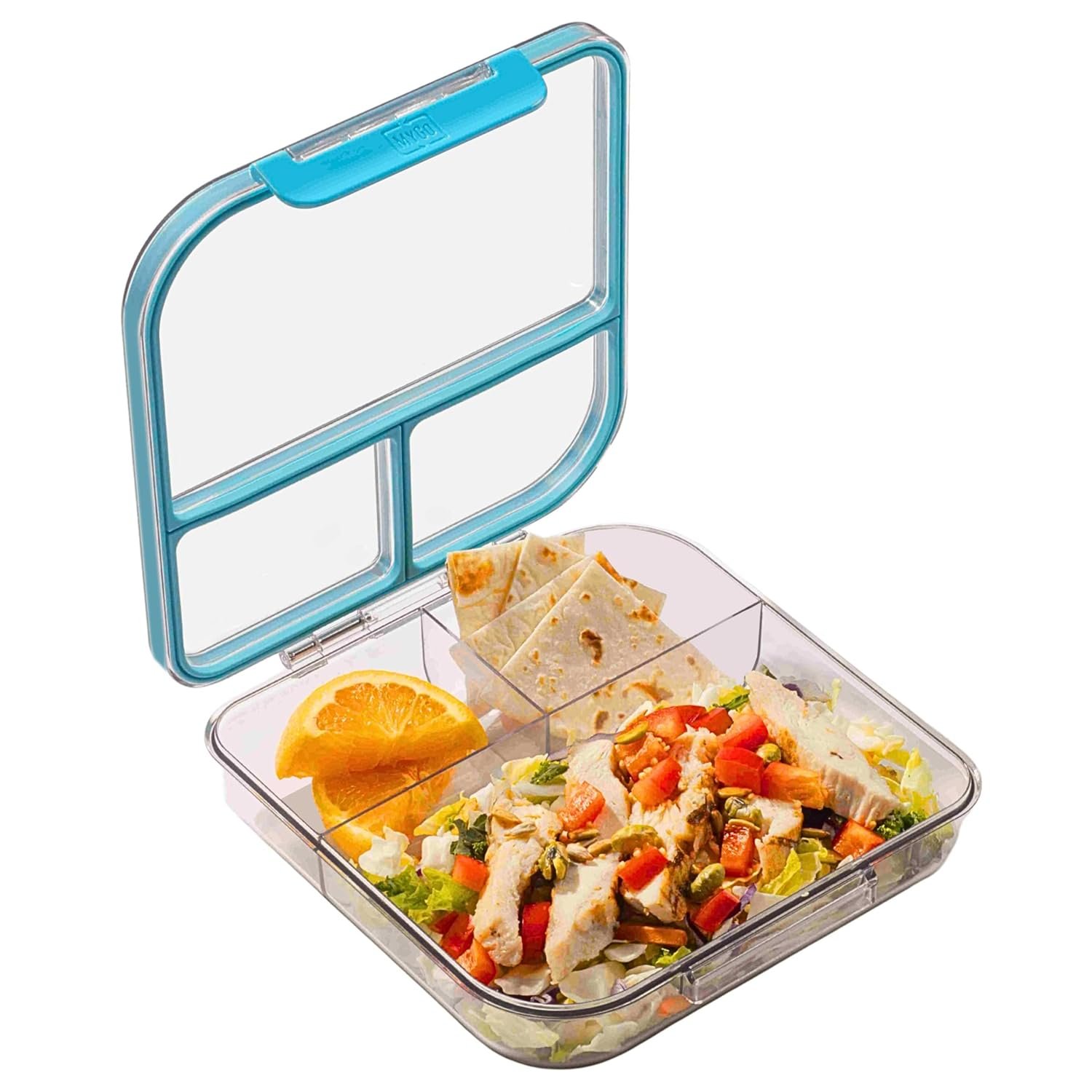 MyGo Pro Square Container, 3-Compartment Clear Heavy Duty Plastic Food Storage Container, Portable Sleek Design, Spill-Resistant with Removable Gasket, 7.25″ L X 7.25″ W X 2″ H, Dishwasher Safe