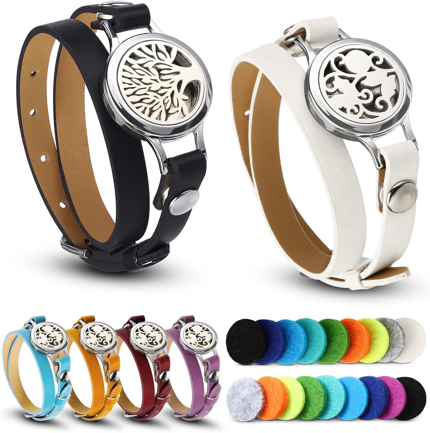 Bonuci 2 Pcs Essential Oil Diffuser Bracelet Aromatherapy Fragrance Locket Bracelet Adjustable with 6 Replacement Leather Band and 18 Refill Pad Set for Women Wife Friend Birthday