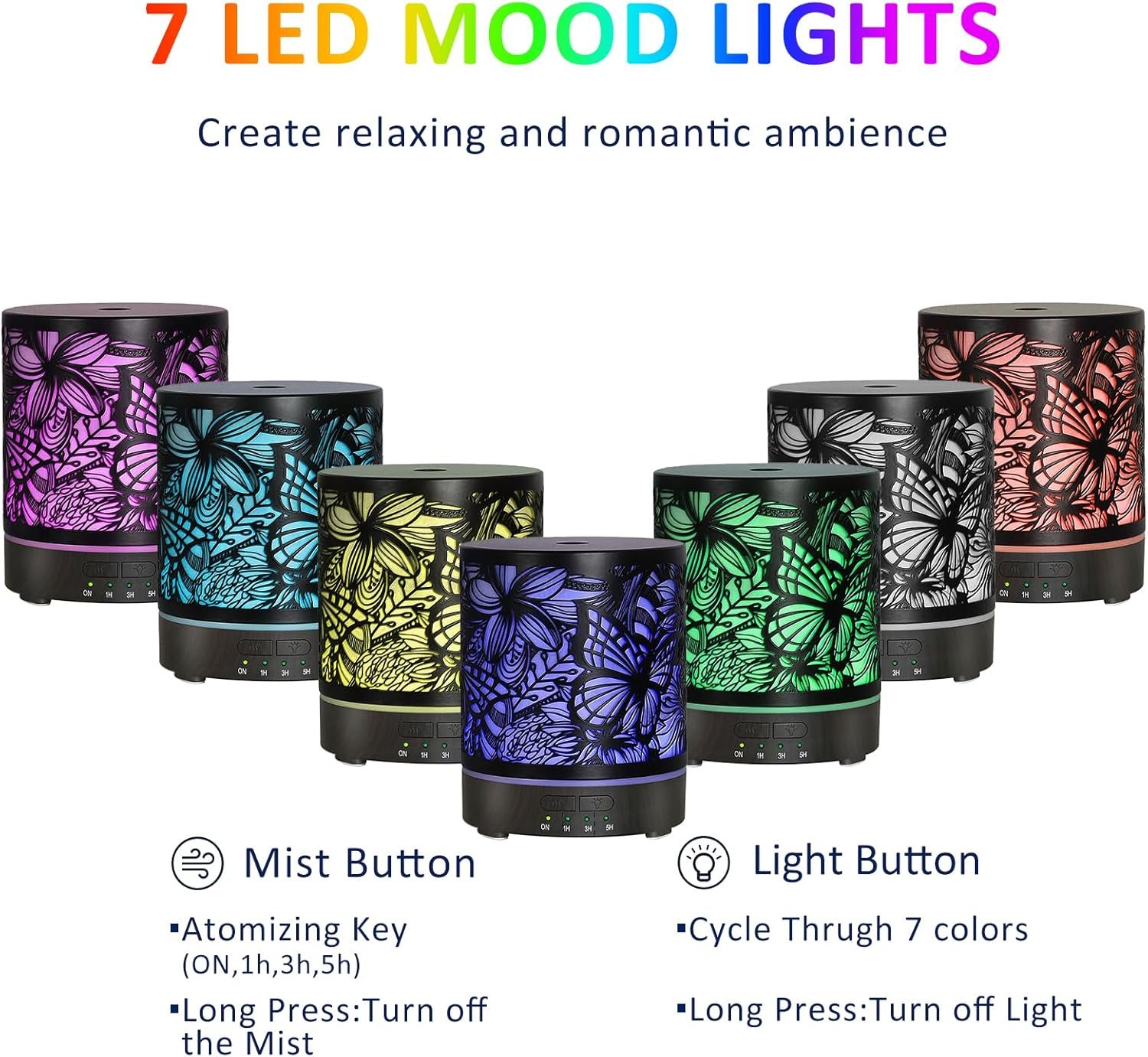 Essential Oil Diffusers 300ML Metal Aromatherapy Oil Diffusers for Large Room,Butterflies & Flower Ultrasonic Cool Mist Diffuser with Waterless Auto Shut-Off Protection, for Home Office SPA Yoga
