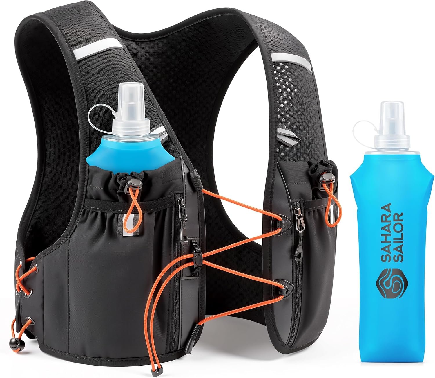 Sahara Sailor Running Vest for Women Men, 2PCS 500ml Soft Flasks, Adjustable Chest Waist Fit, Multi-Pockets, Lightweight Breathable Reflective Hydration Backpack for Running, Trail, Cycling, Hiking