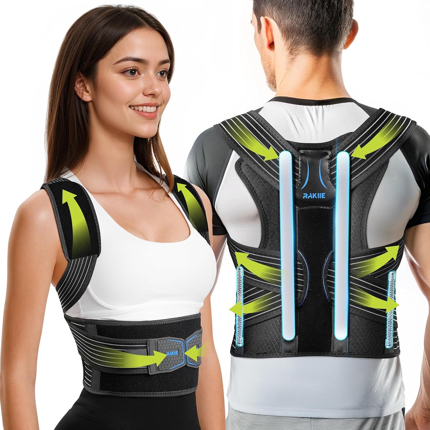 Rakiie Posture Corrector for Women and Men, Upgraded Back Brace with Enhanced Support, Shoulder Straightener with Cushioned Shoulder Pads & Underarm Pain Relief Strap, Size M (Underbust: 35.4″-41″)