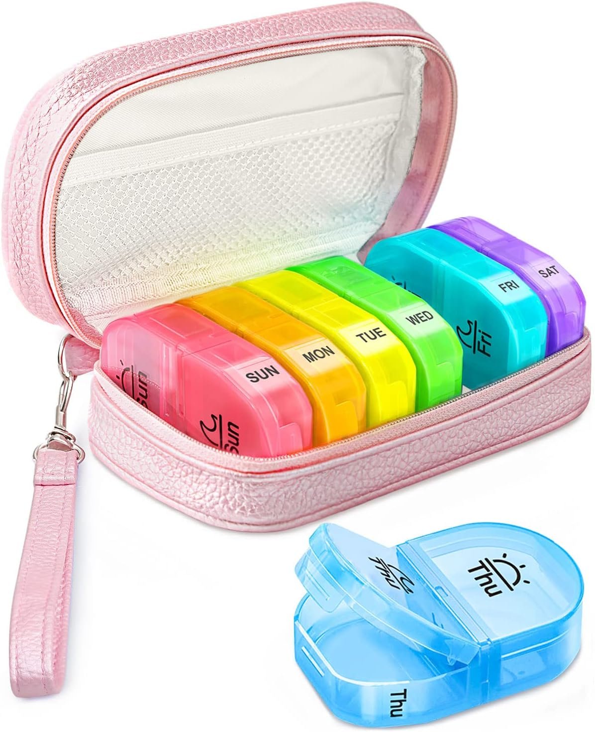 AMOOS Cute Pill Organizer 2 Times a Day, PU Leather Pill Case for Women, Portable Weekly Pill Box for Purse with Storage Bag to Hold Vitamins, Medications, Fish Oils, Supplements (Pink)