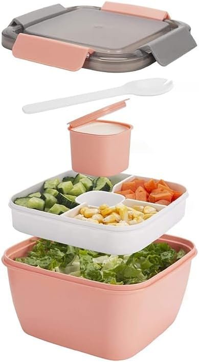Salad Container for Adults, Reusable Stackable Lunch Box with Fork & Dressing Cup, 5 Compartment Bento Lunch Containers for Salad Snacks Fruits, Dishwasher Microwave Safe, Pink