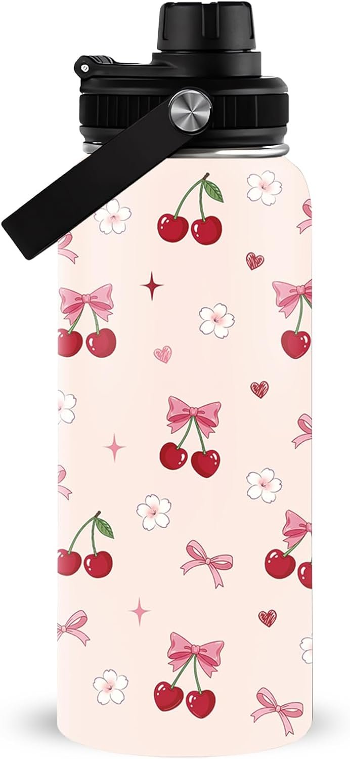 Cherry Gifts for Girls Women, 32 oz Pink Insulated Water Bottle, Stainless Steel Tumbler, Reusable, Cute Water Bottle for School Gym Outdoor, Cherry Themed Gifts for Birthday Holiday (1pcs)