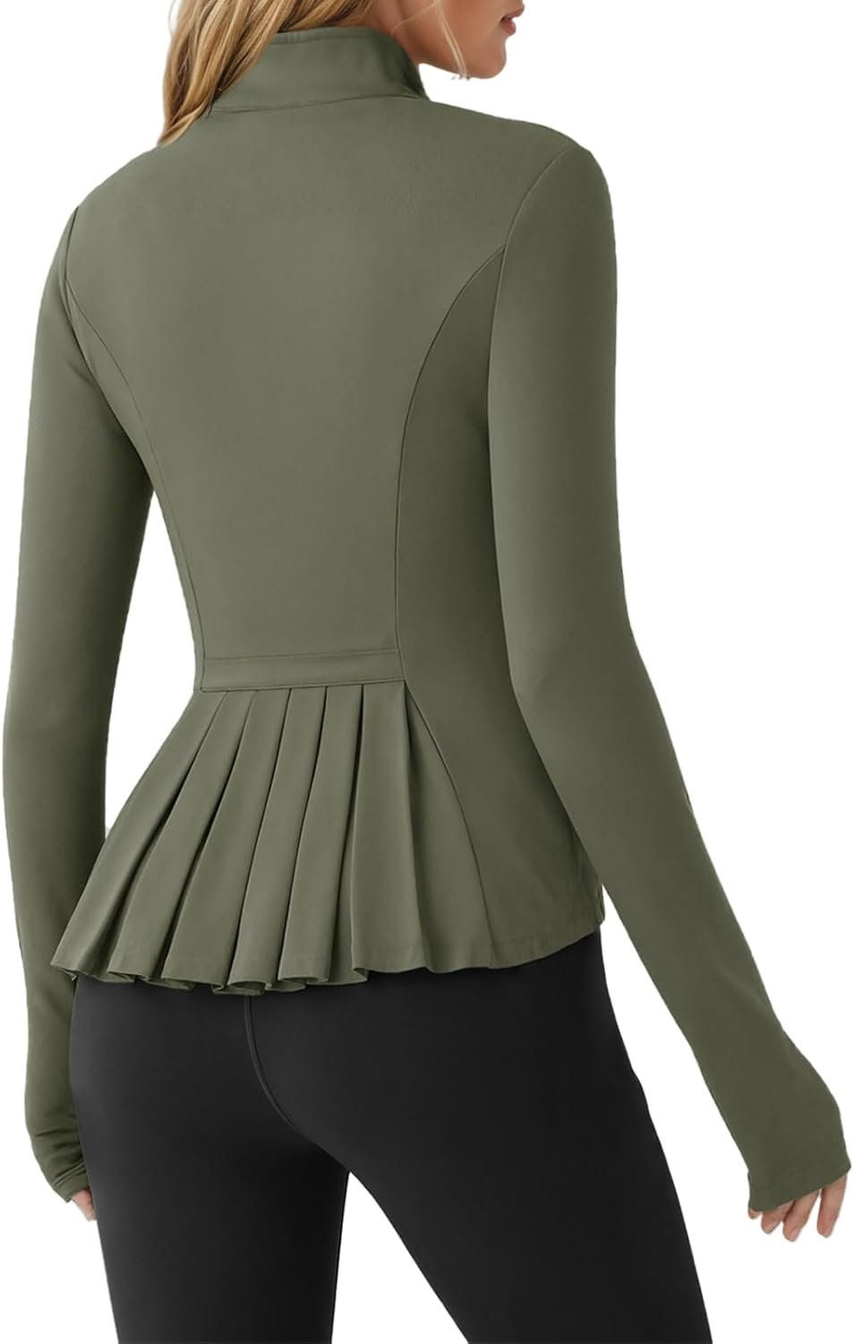 Fisoew Women’s Zip Up Workout Jacket Pleated Lightweight Slim Fit Stand Collar Thumb Hole Tops with Pockets