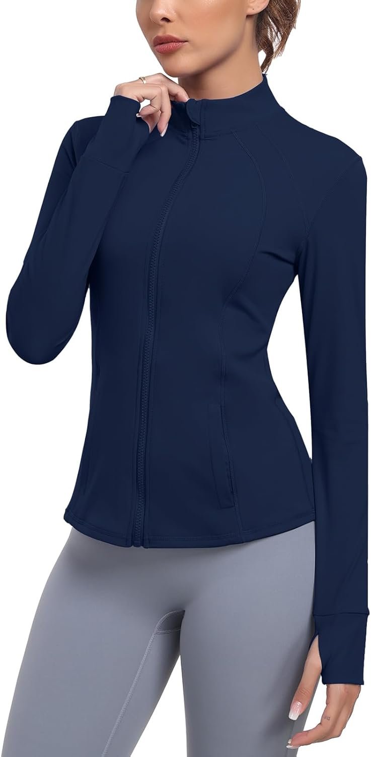 Women’s Athletic Full Zip Lightweight Workout Jacket With Pockets Running Yoga Sportwear With Thumb Holes