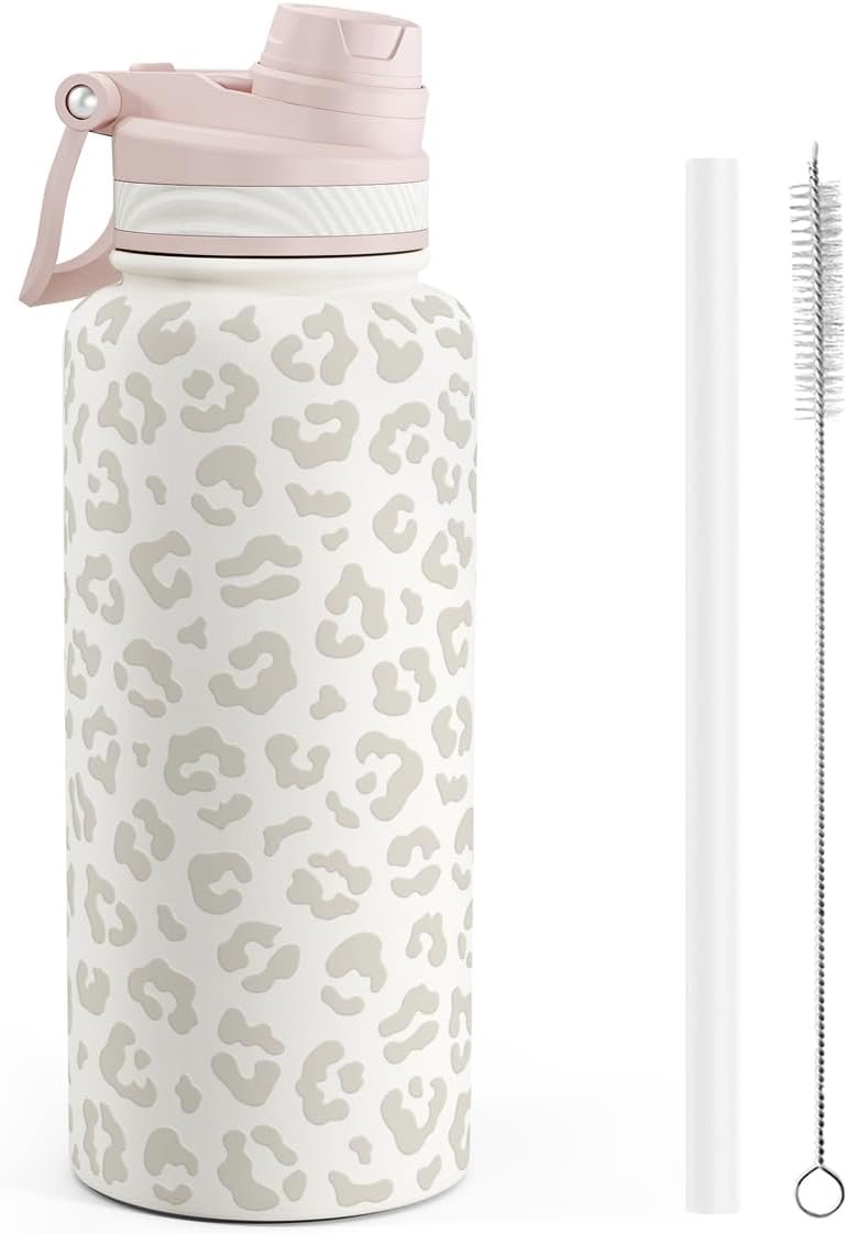 Beige Leopard Skin Stainless Steel Water Bottle with Strap 32oz, Insulated Bottles with Straw and Spout Lid for Gym Sports Travel Outdoor, Gifts for Women Girls Birthday Christmas