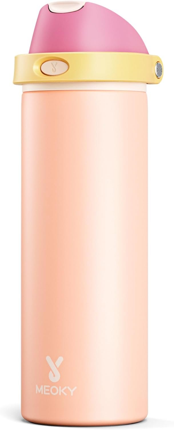 24 oz Insulated Water Bottle for Women: Meoky Stainless Steel Metal Water Bottle with 2-in-1 Straw and Spout Lid – Leak Proof, Cold for 24 Hours, Protective Silicone Base, BPA-Free for School, Coral