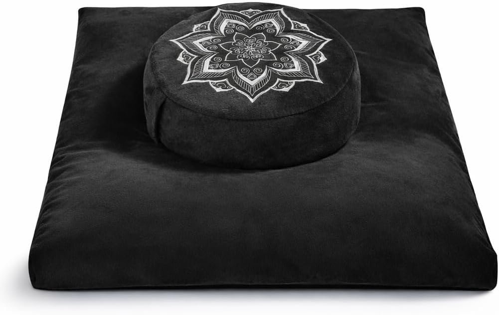 Meditation Cushion Set Zafu & Zabuton – Buckwheat Hull & Memory Foam, Adjustable Floor Pillow for Yoga, Meditation & Sitting, Removable Velvet Cover (Classic Black)