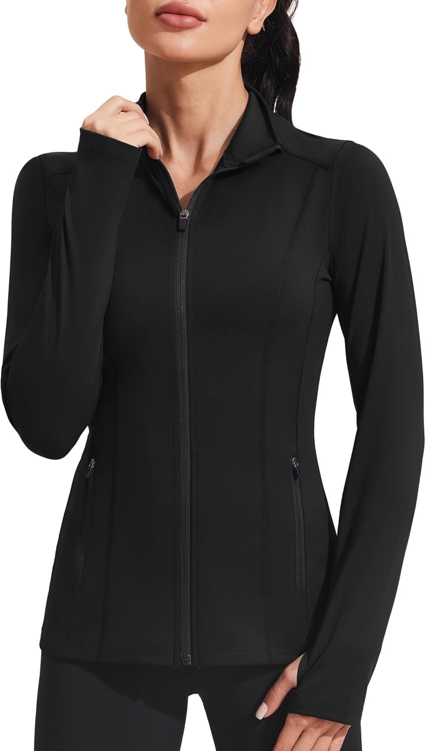 PINSPARK Women’s Athletic Jackets Slim Fit Workout Jacket Full Zip Up Running Gym Yoga Sports Tops with Pockets