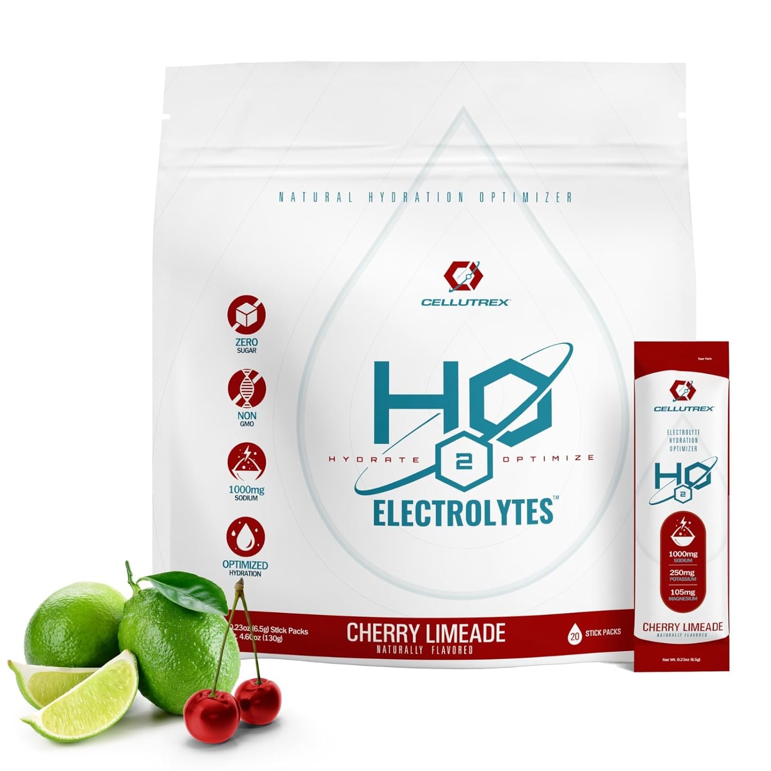 Cellutrex® H2O Electrolytes – Electrolyte Powder Drink Mix, Zero Sugar, Natural Salt Hydration Packets for Recovery and Wellness, Cherry Limeade, 20 Sticks