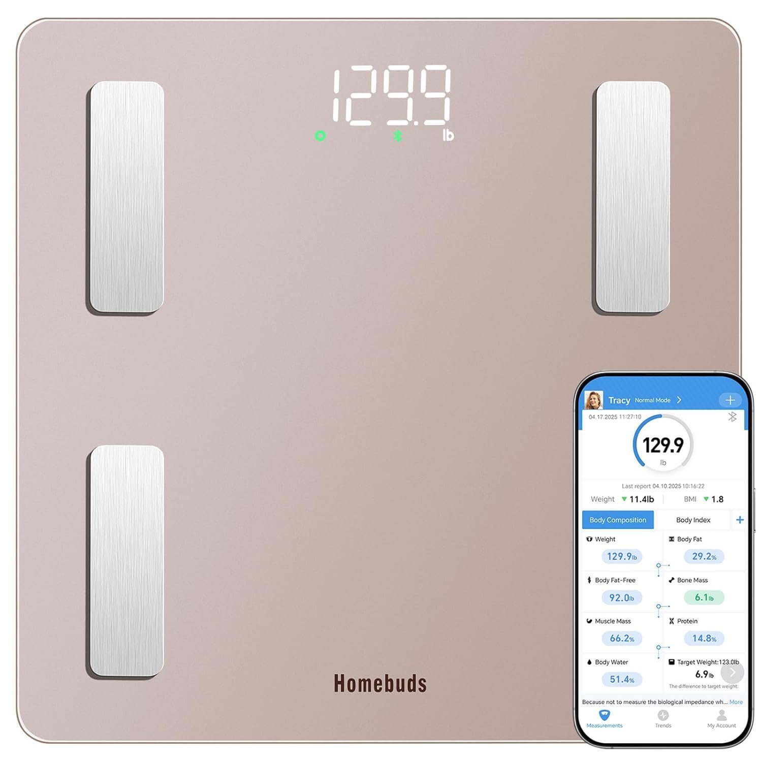 Homebuds Smart Bathroom Scale for Body Weight, High Precision Assured by Weight Scale Professional Factory Since 2001, App Sync 13 Body Composition with BMI and Body Fat, 400lb in 0.1lb, Rose Gold