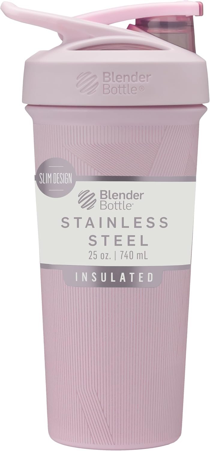 BlenderBottle Sport Shaker Cup Insulated Stainless Steel Water Bottle with Wire Whisk, 25-Ounce, Pink Stripes