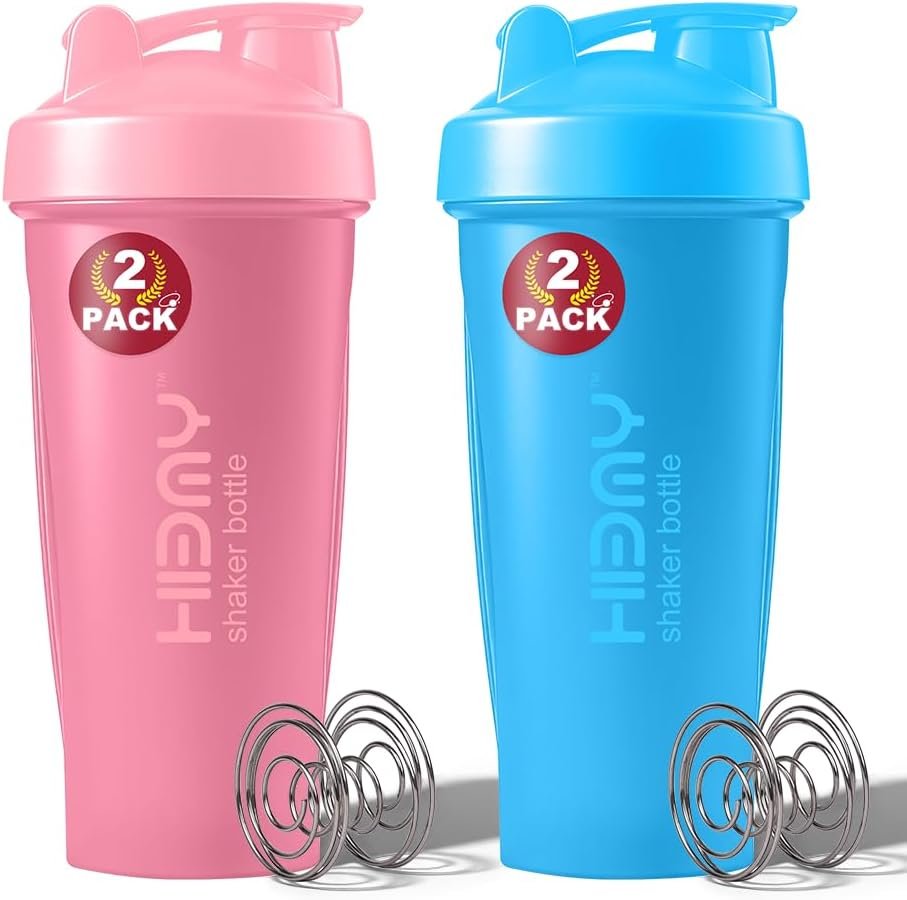 [ 2 Pack 600 ml / 20 OZ Shaker Cups for Protein Shakes, 2 x Whisk Ball | Protein Shaker Bottle for Protein Mixes | BPA Free, 100% Leak Proof, No Smell | Protein Shake Cup (G) Pink/Blue