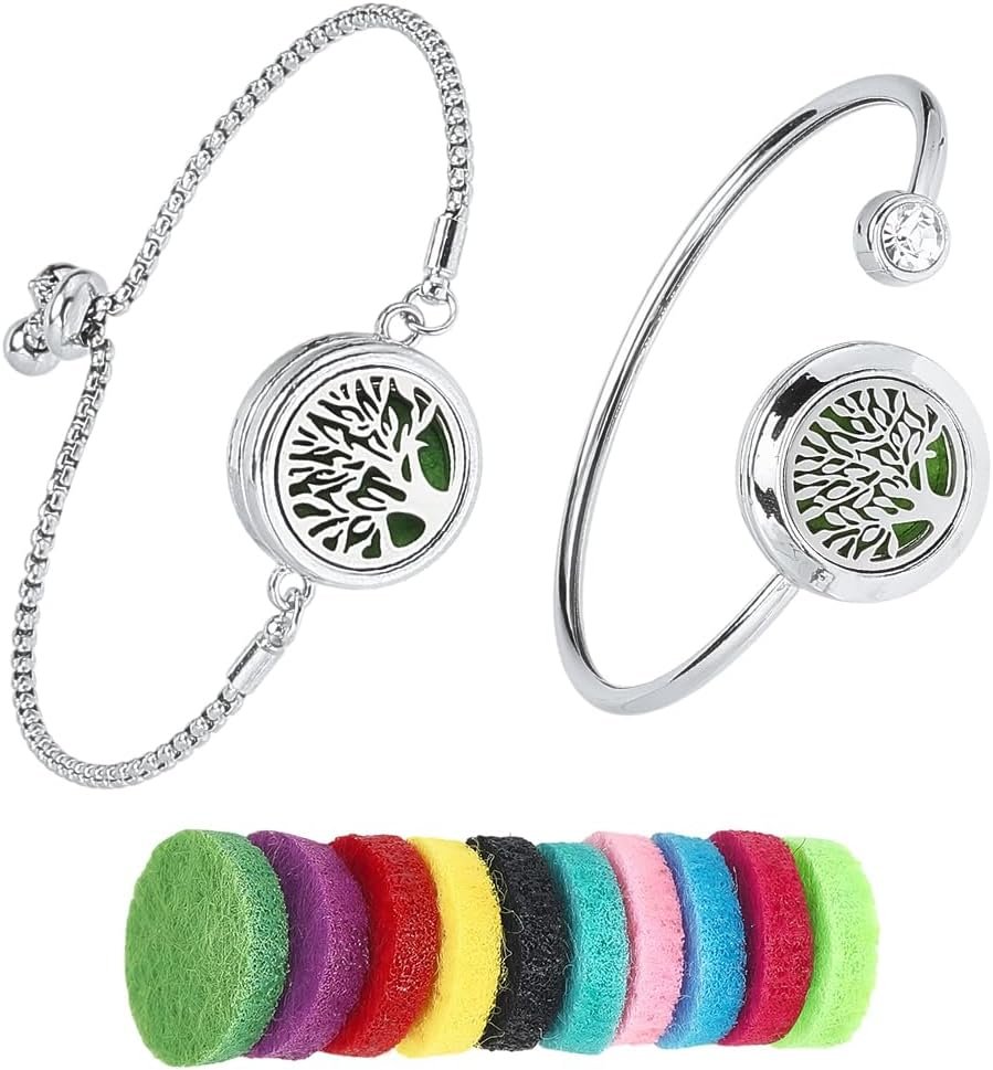 SUNNYCLUE 1 Box 2 Sets Essential Oil Diffuser Bracelets Essential Oil Bracelet Bangles with 10Pcs Refill Pad Tree of Life Stainless Steel Aromatherapy Locket Adjustable Jewelry for Women Gifts Travel