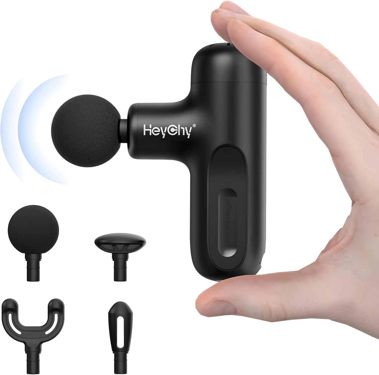HEYCHY Super Mini Massage Gun Deep Tissue, Handheld Muscle Massager with 4 Heads, Percussion Travel Size Massager Gun for Back Pain Relief, Quiet for Home, Gym, Office, Perfect for Men & Women, Black