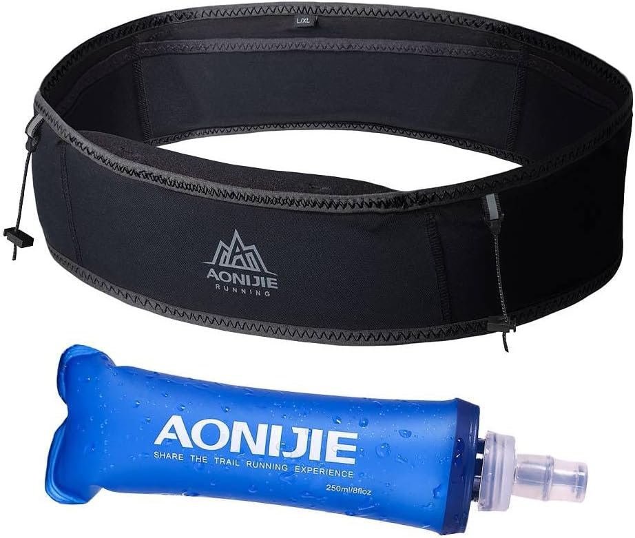 AONIJIE Running Belt Fanny Pack with 250ml Soft Water Bottle Flask for Women Men, Moisture Wicking Waist Pack Great for Marathon Climbing Jogging Cycling, for 6.8in Mobile Phone (Full Black: M/L)
