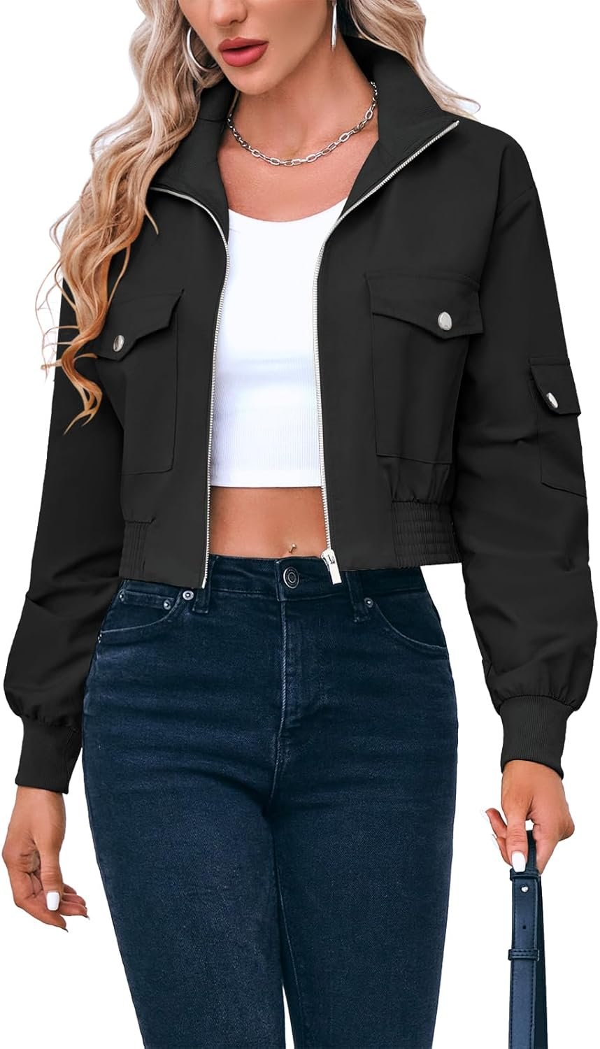 Fisoew Women’s Cropped Bomber Jackets Lightweight Zip Up Stand Collar Long Sleeve Short Jacket with Pockets
