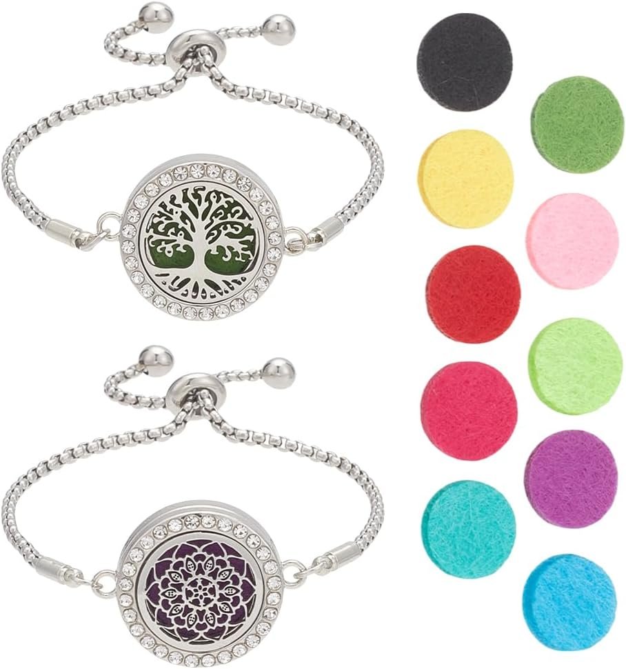 WEBEEDY 2 Sets Essential Oil Diffuser Bracelets Adjustable Aromatherapy Locket Diffuser Rhinestone Bracelet with 20 Refill Pads for Women Christmas Valentine’s Thanksgiving Day Birthday Jewelry Gift