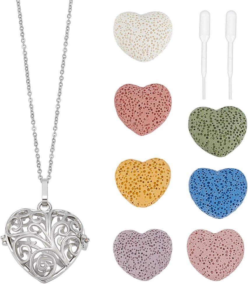 PH PandaHall Aromatherapy Essential Oil Diffuser Necklaces Love Heart Hollow Locket Pendant Necklace Tree of Life Pattern Locket Pendant Scent Necklace with 7 Lava Rocks Stones for Men Women Gifts