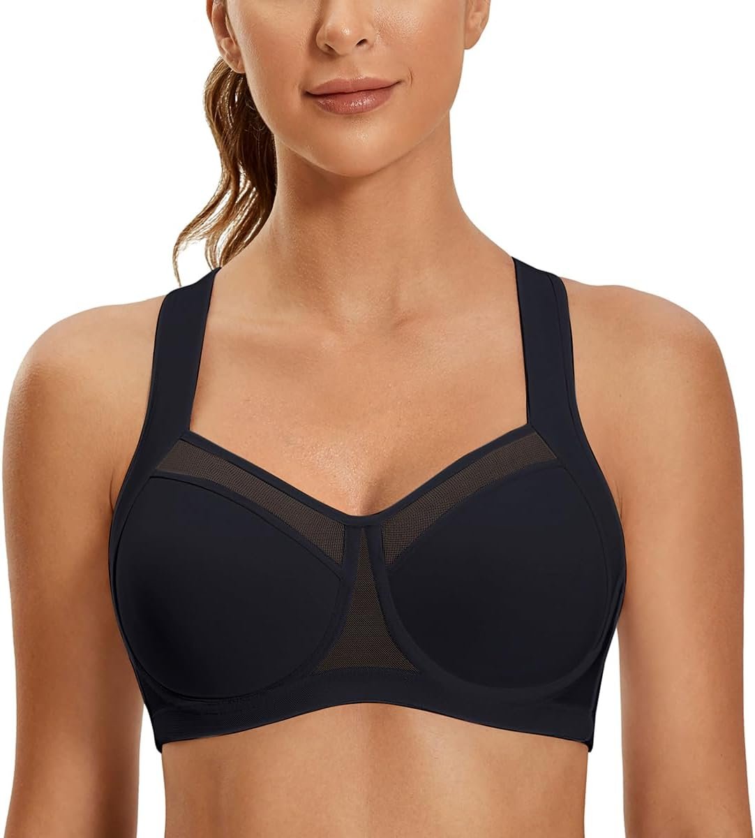 SYROKAN High Impact Sports Bras for Women No Uniboob Unlined Underwire Adjustable Cross Back Bra