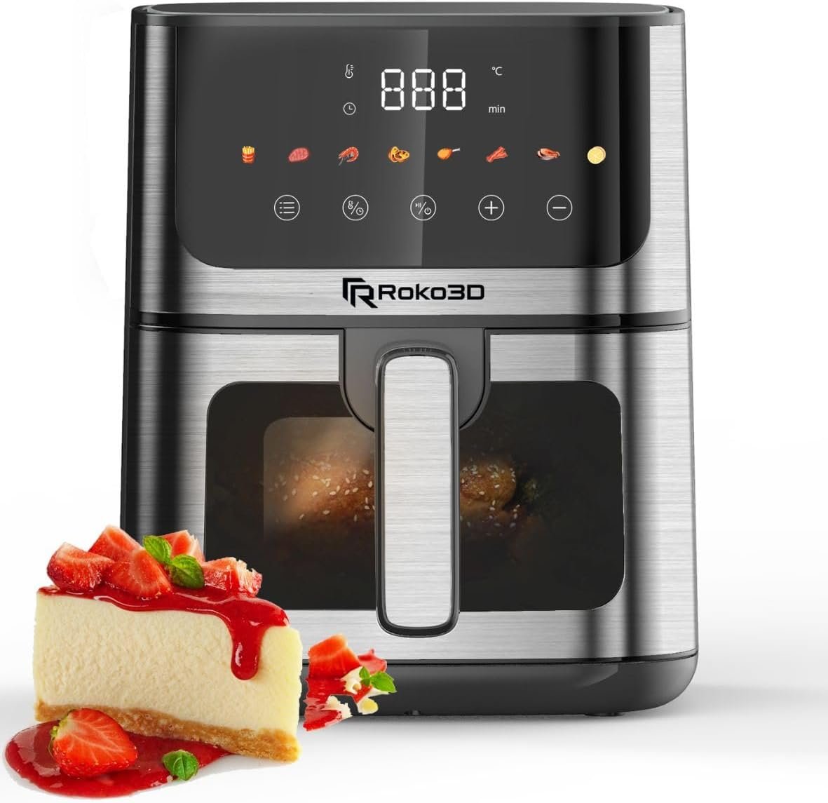 Air Fryer Stainless Steel ROKO 3D with Visible Window – 5Qt Capacity for 3-5 Persons | 18 in 1 – Fry, Bake, Toast, Broil, Reheat without Oil – 1400W, Dishwasher Safe, Luxury Black and Silver