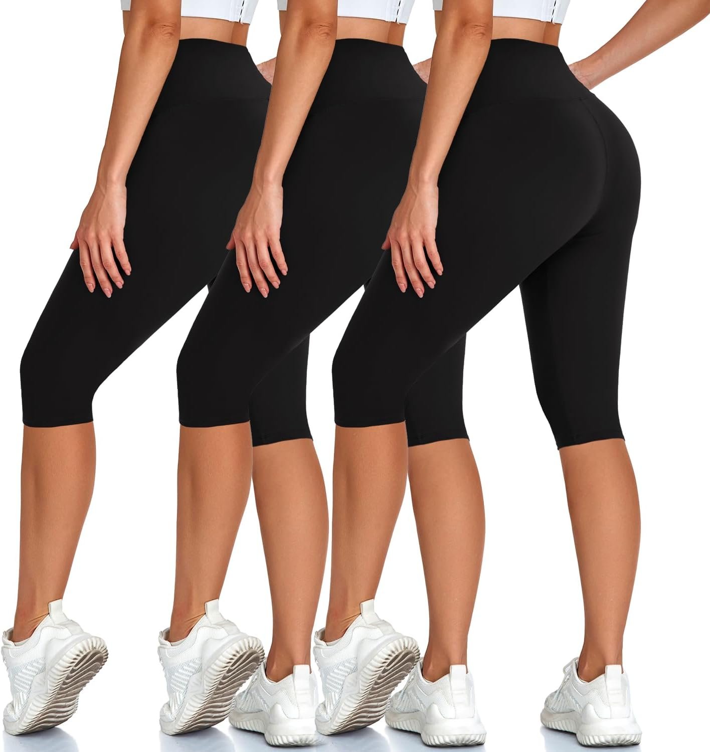 High Waisted 3 Pack Women’s Capri Pants – Knee Length Yoga Shorts, Biker Workout Leggings for Women,Summer Activewear