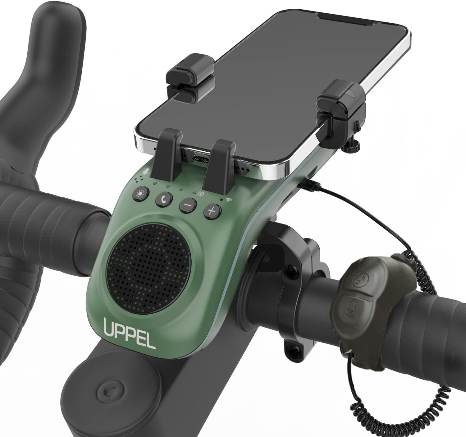 UPPEL Bike Phone Mount, Multifunctional Phone Holder Bicycle Bluetooth Speakers 10-in-1 LED Light Bike Horn Microphone Ideal for Road & Mountain Bike – Extreme & Casual Cycling (Green)